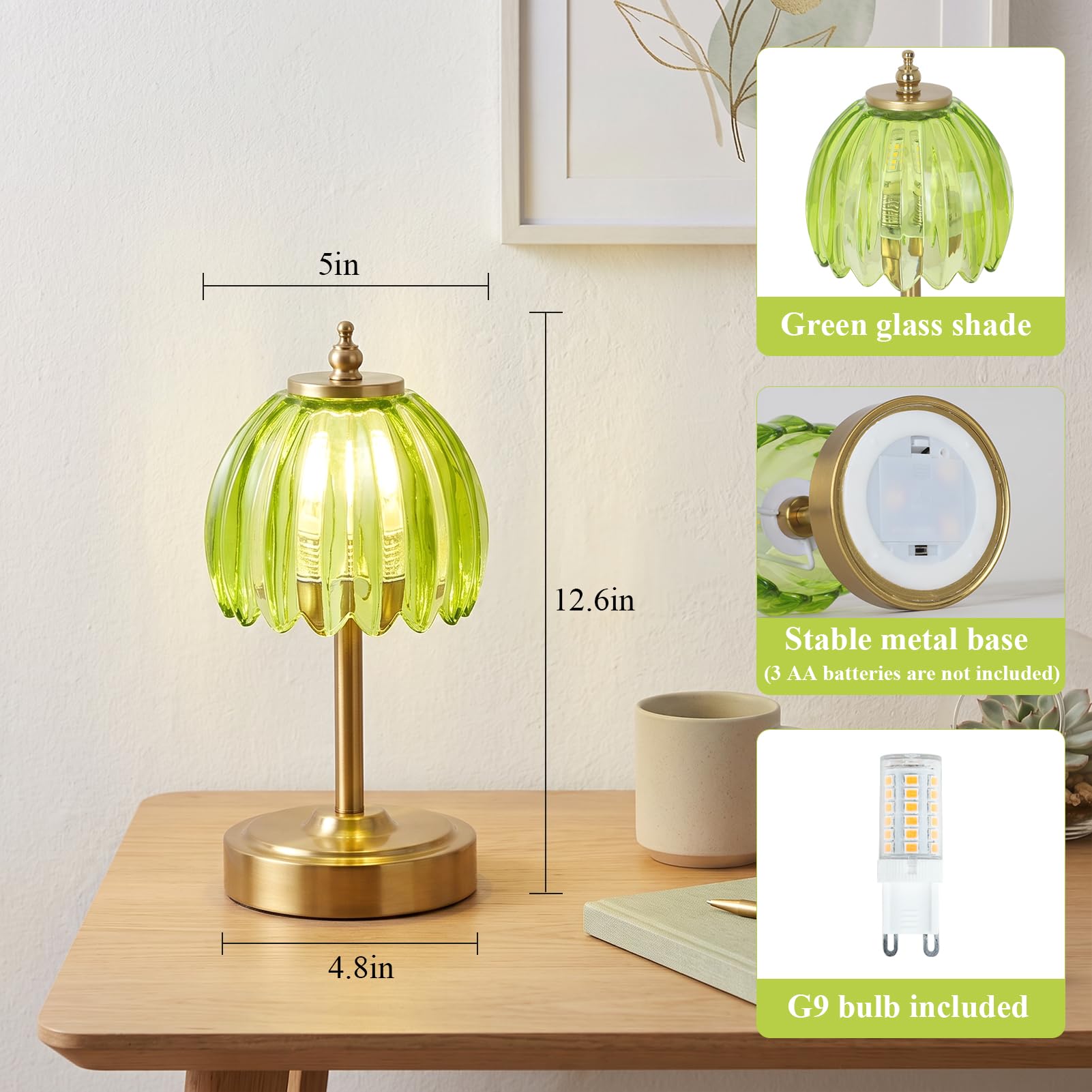Bezprzewodowa lampa stołowa na baterie, mała szklana lampa biurkowa z