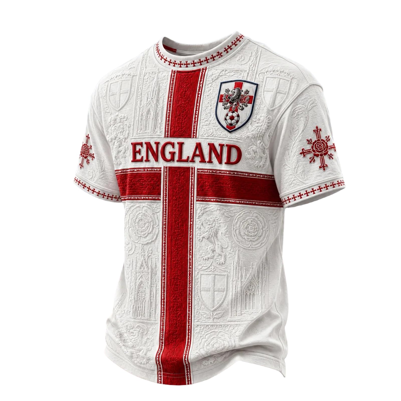 England Football Shirt 2026 Men's Short Sleeve World Cup T-Shirts Union Jack for Supporters of Football Casual Print Athletic Stretch Lightweight Breathable 01-Vermilion L