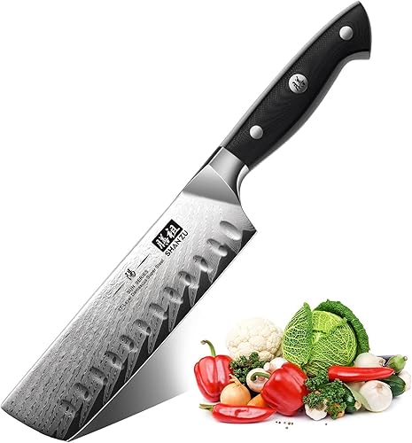 SHAN ZU Nakiri - Cuchillo profesional para verduras de acero Damasco japonés (AUS-10), mango ergonómico G10, serie SUN