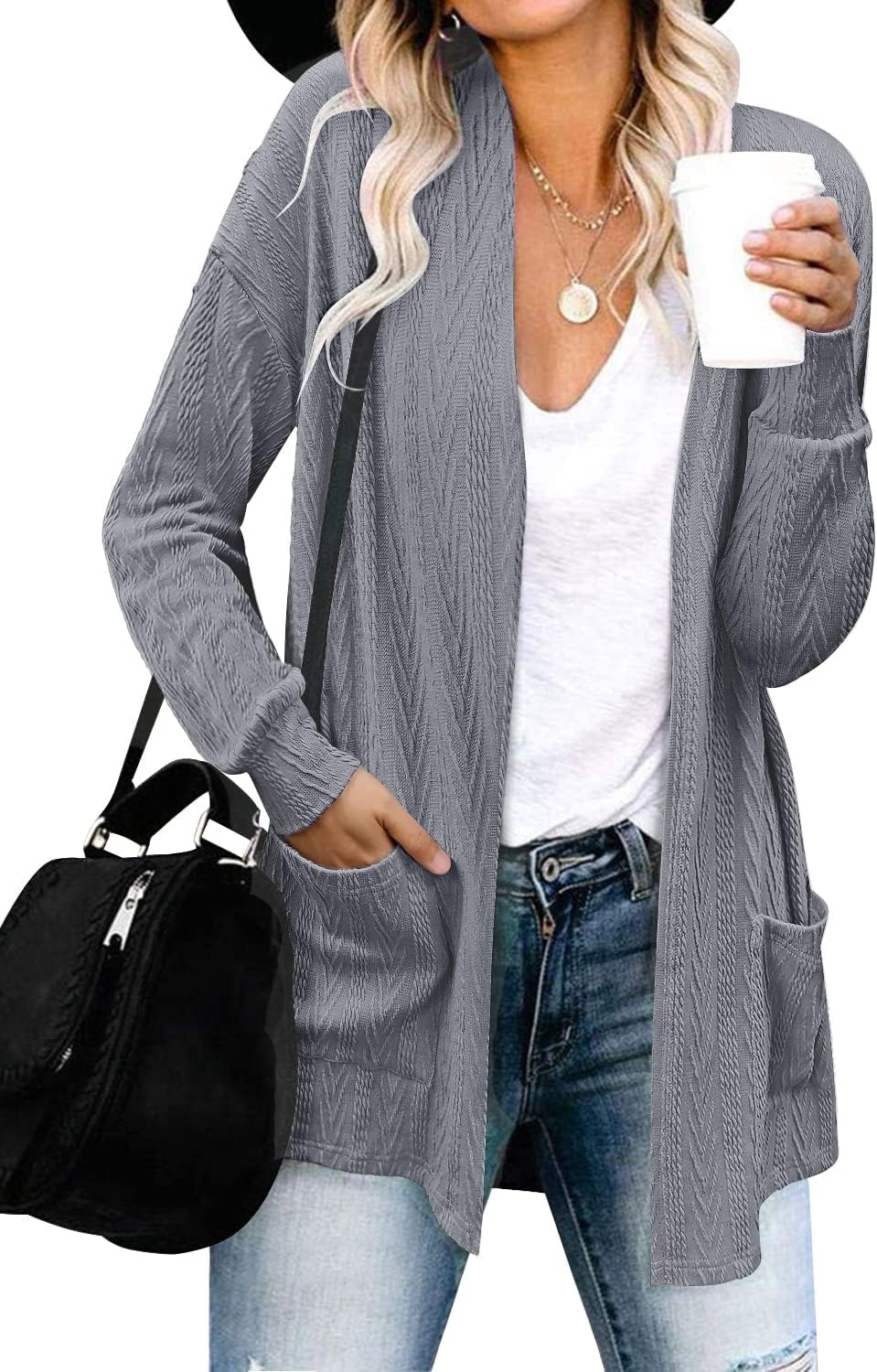 Womens Cardigans Long Sleeve Open Front Casual Lightweight Soft Knit Sweater Outerwear with Pockets