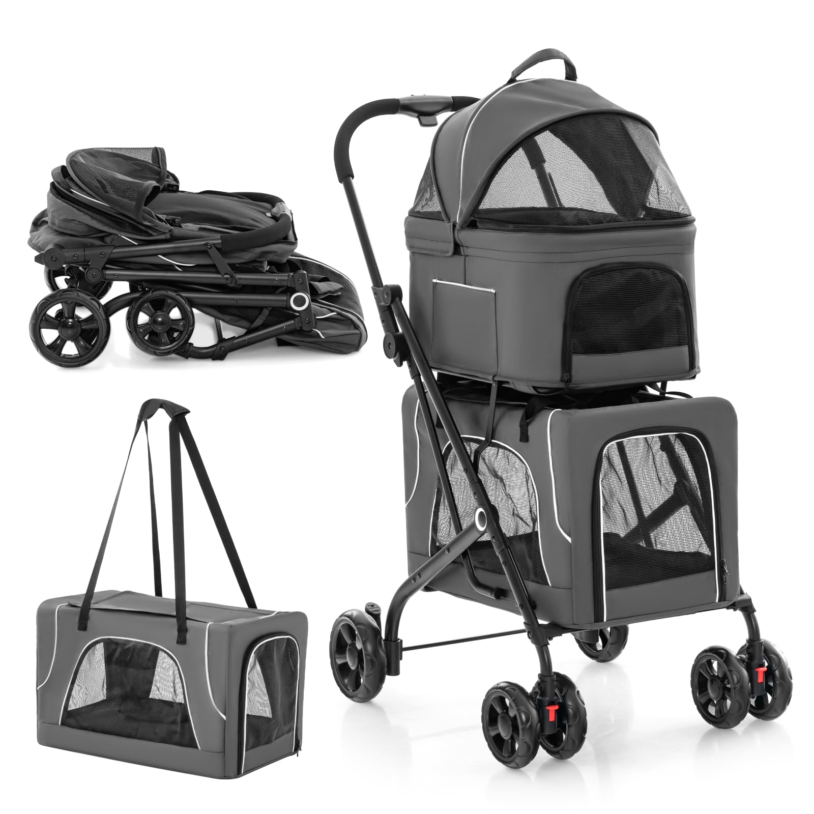 GYMAX Pet Stroller, 3 in 1 Foldable Dog Pushchair Puppy Travel Pram with 2 Removable Carriers, Washable Cover, Safety Belts, 4 Wheels Buggy Jogger for Small Medium Dogs Cats (Grey)