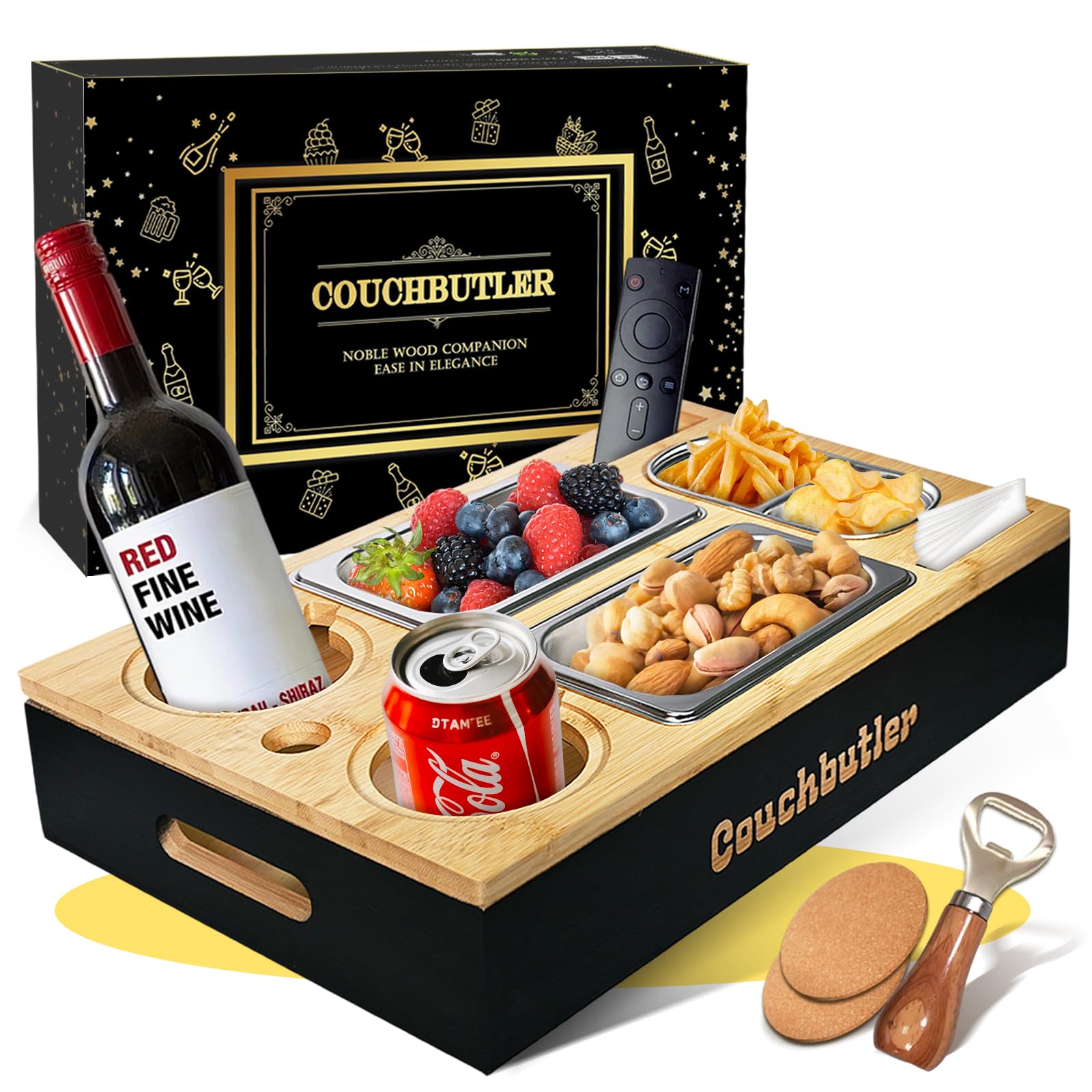 Couchbar Snackbox, Couch Tablett mit Geschenkbox, Couch Butler, Sofa Tablett mit 2 Snackschalen, Getränkehalter, Snackbar Organizer mit Flaschenöffner Geschenke für Männer Geburtstag(Schwarz B)