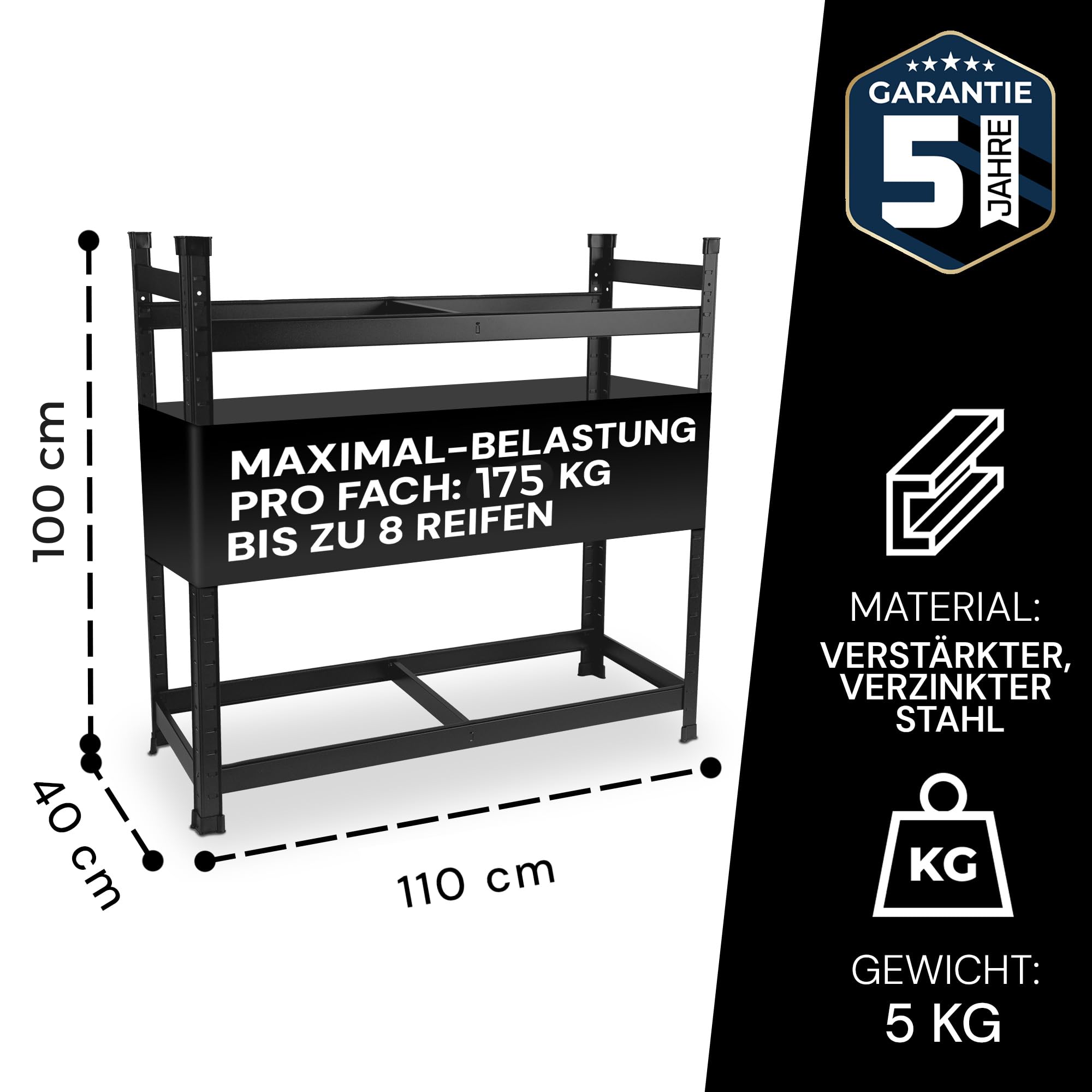 ALL Premium Reifenregal 8 Reifen 100x110x40cm schwarz, 175kg Traglast, platzsparend, Reifenständer und Reifenhalter, Felgenbaum Garagen Zubehör für Garage & Lager