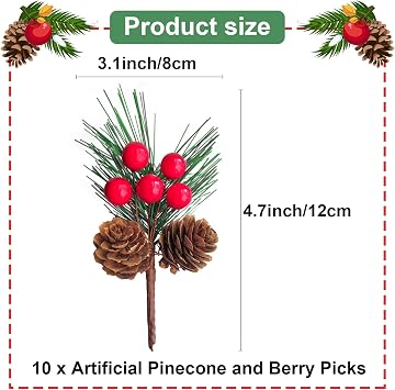 10 Pcs 4.7-Inch Artificial Pinecone and Berry Picks, Christmas Tree Picks, Pine Tree Needles Branches, Realistic Faux Pine Sprigs with Red Berries for DIY Wreaths, Garlands, and Home Xmas Decorations
