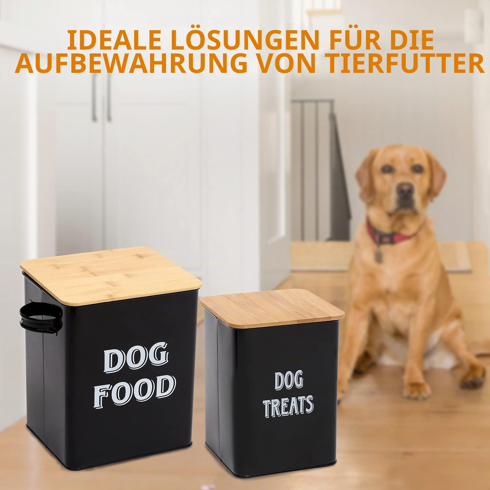 Morezi Tierfutterbehälter, hundefutter aufbewahrungsbox,hundefutter behälter mit Schaufel und luftdichtem Holzdeckel, Aufbewahrung von Lebensmitteln und organisations-schwarz