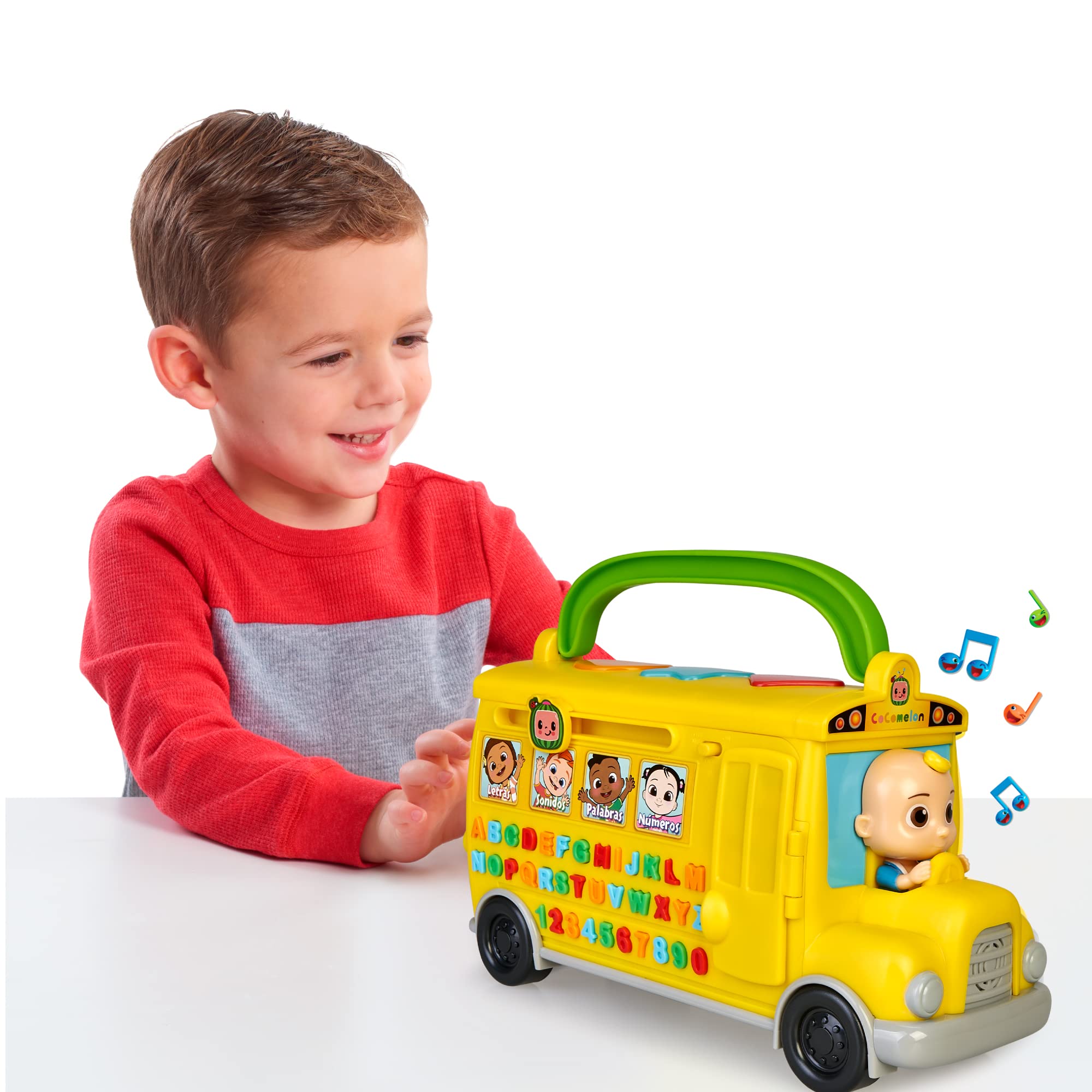 CoComelon - Learning Bus, autobús Amarillo de Juguete con Luces, música y Sonidos para Aprender Las Letras y los números, Set de Juego Infantil de Aprendizaje, para preescolares, Famosa (CCM08102)