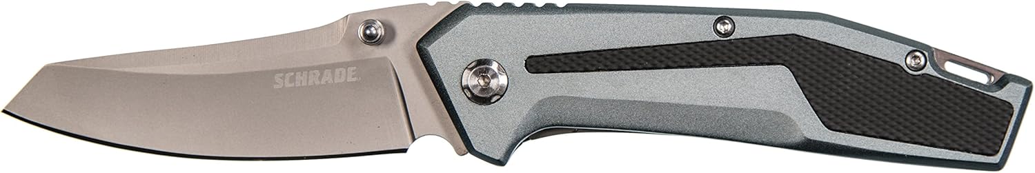 Schrade 7.68in High Carbon S.S. Folding Knife with 3.35in Clip Point Blade and Aluminum with Rubber Inlay Handle for Outdoor Survival, Camping and EDC