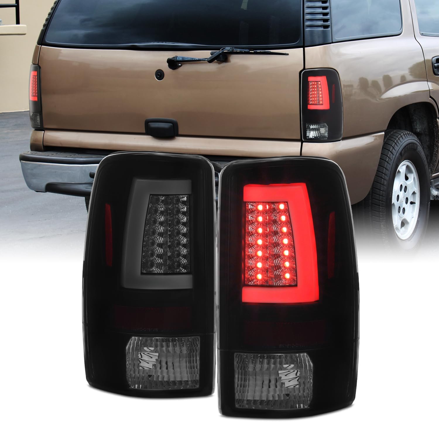 AKKON - For 00-06 Chevy Suburban Tahoe GMC Yukon XL Black C-Shape LED Bar Tail Brake Lights Left+Right Pair