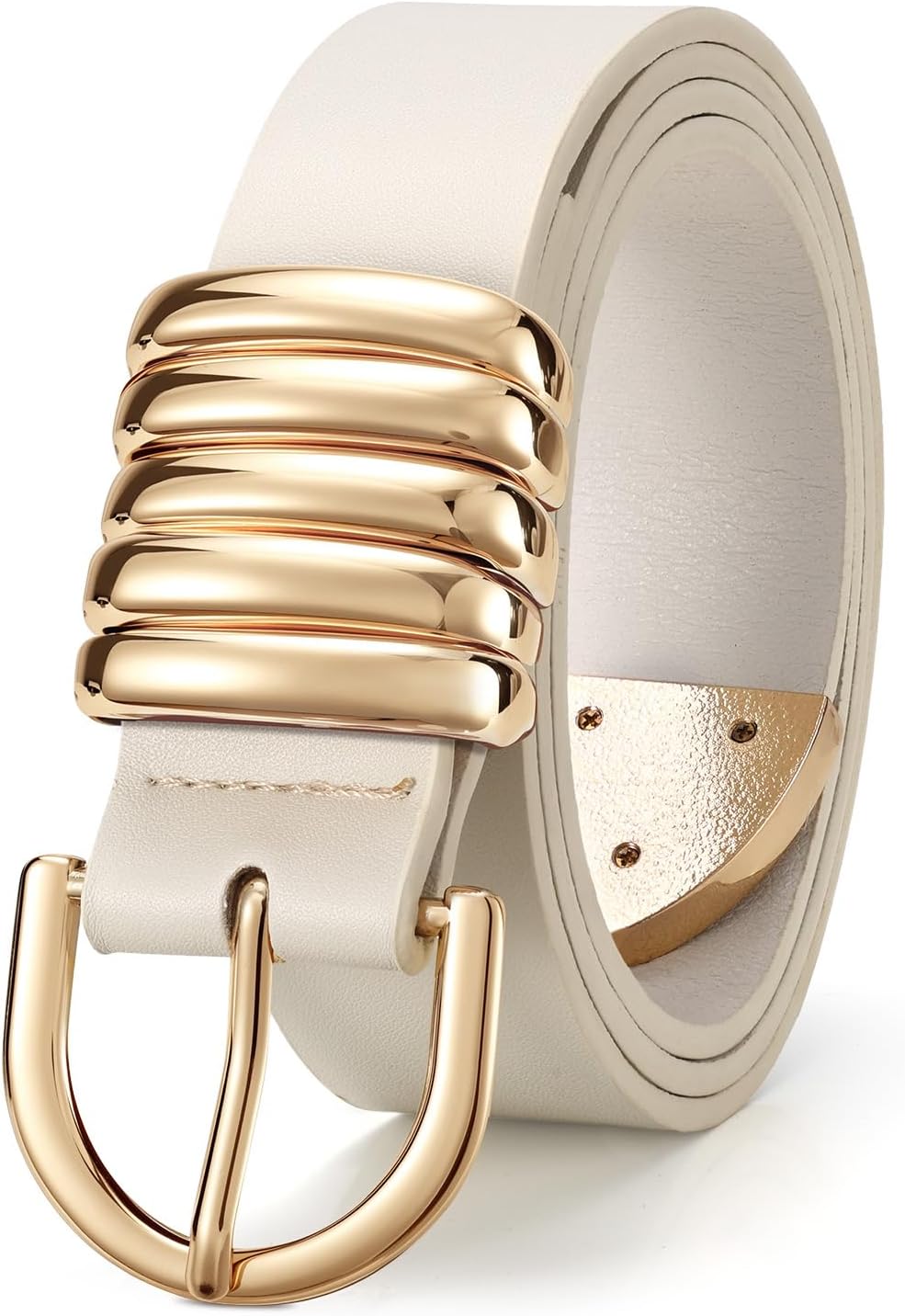 JASGOOD Women’s PU Leather Belt for Jeans Pants Dress Fashion Ladies Waist Belt with Gold Buckle, Beige