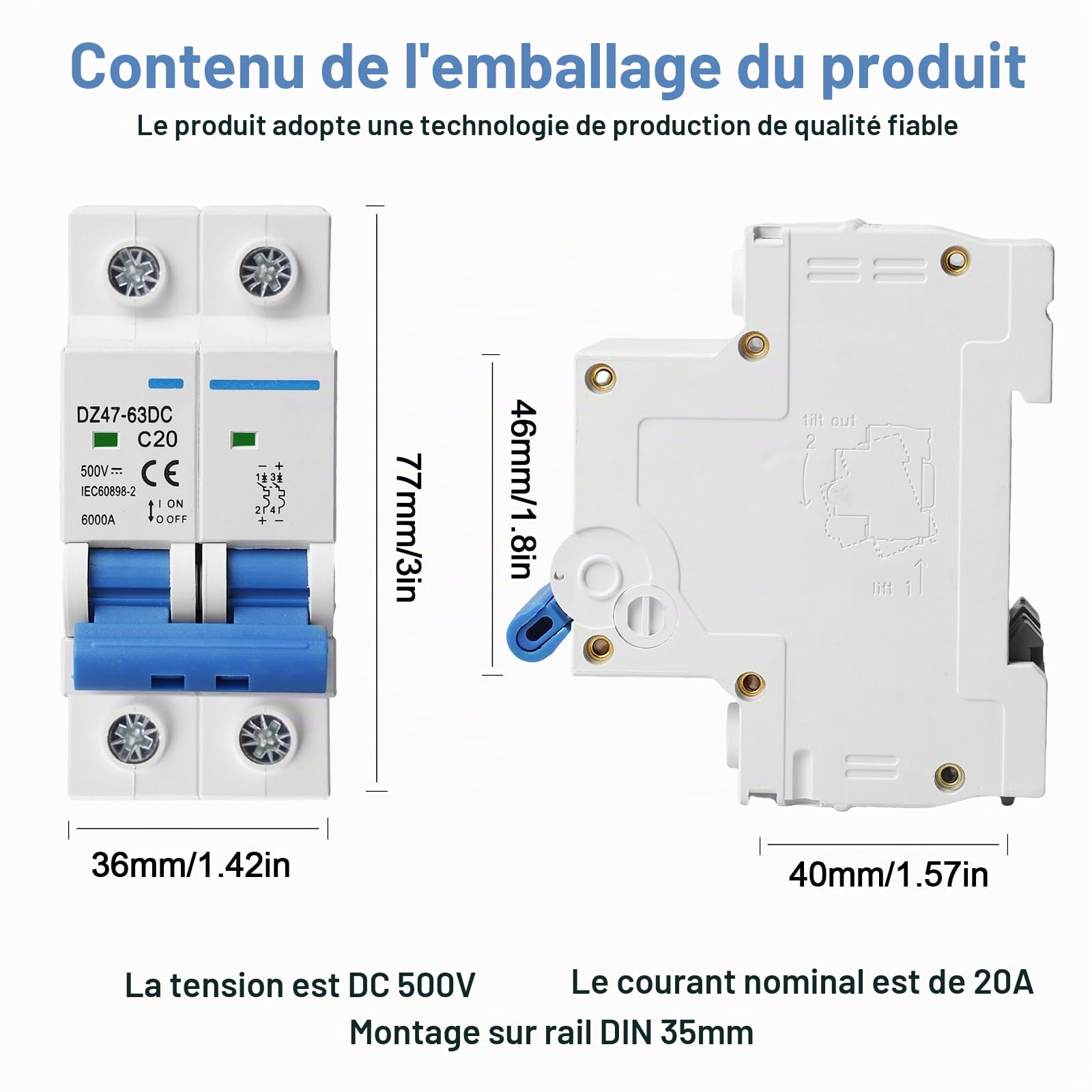 Lot de 2 disjoncteurs CC - Système PV - 500 V - 20 A - 2 pôles - Disjoncteur solaire - Disjoncteur automatique pour systèmes photovoltaïques - Disjoncteur d'air de protection - Montage sur rail DIN 35