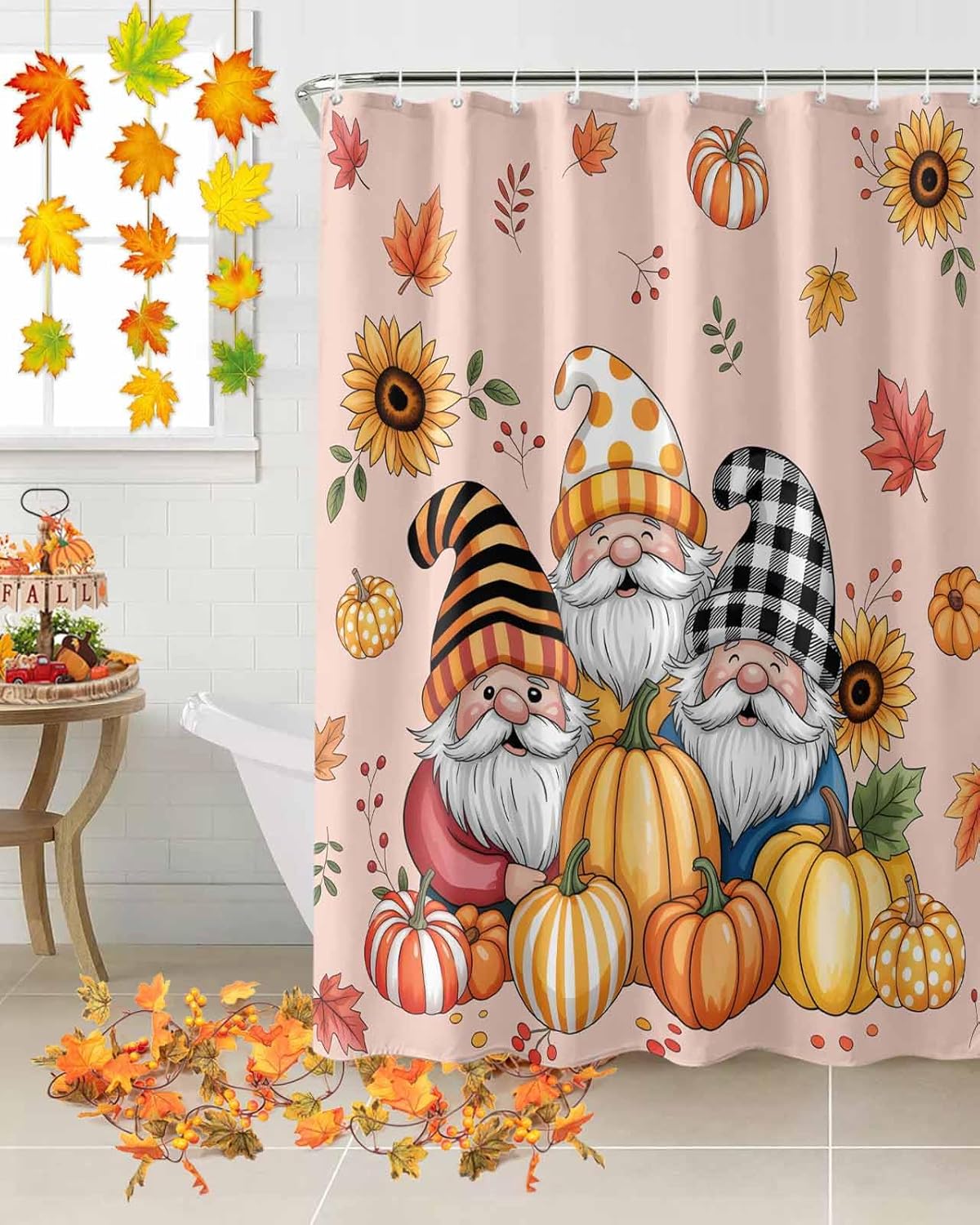 Fall Shower Curtain for Bathroom 72" x 96", Cartoon Cute Gnomes Sunflower Pumpkins Shower Curtain with Hooks Polyester Waterproof Home Bathtub Decor