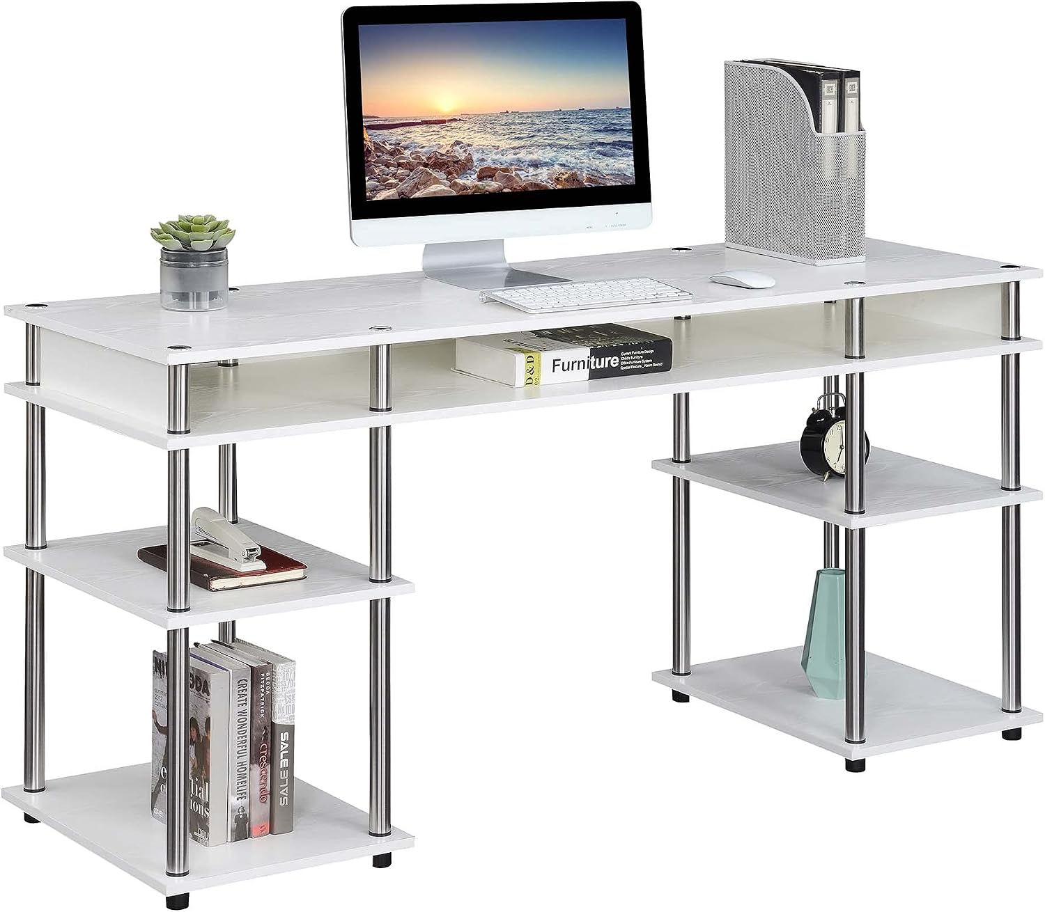 Convenience Concepts Designs2Go No Tools Deluxe Student Desk with Shelves, 60", White