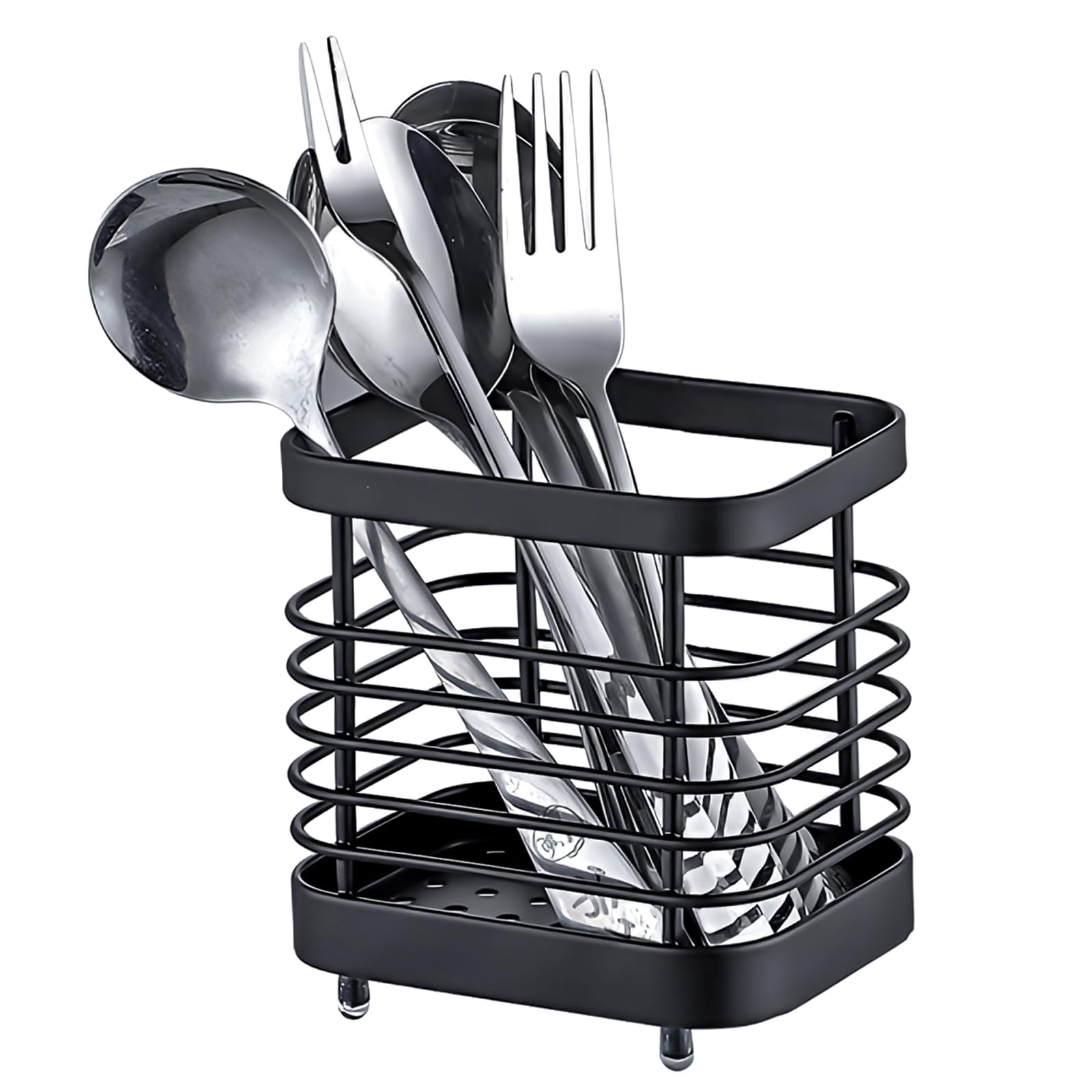 LAIPART Kitchen Sink Utensil Holder of Drying Rack, Small Stainless Steel Cutlery Drainer Caddy,Spoon and fork organizer (Black)
