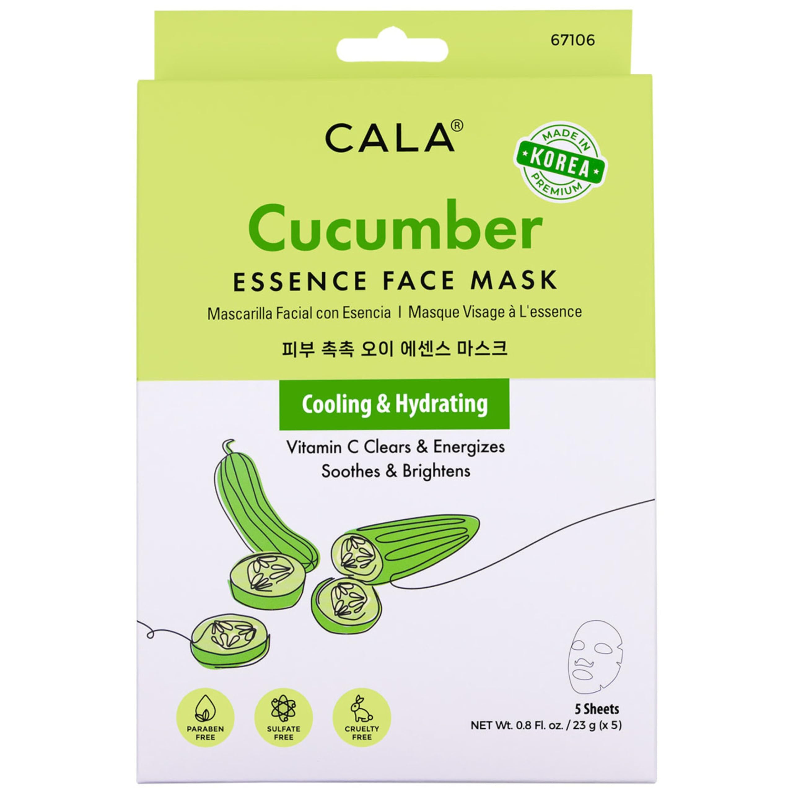 Cala Cucumber Essence Facial Sheet Masks, 5 Pack - Ultra-Thin Hydrating Face Mask Sheets with Cucumber + Watermelon Extract, Sodium Hyaluronate, No