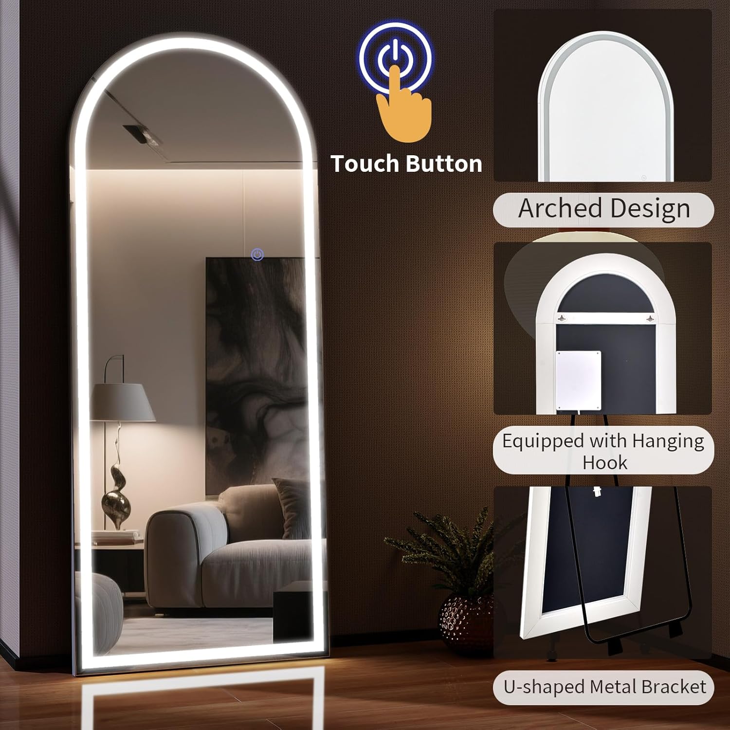 Riskioi 76"x34" LED Full Length Mirror – Arched Standing Floor Mirror with Dimmable Lights 3 Color Modes – Adjustable Brightness, Wall-Mount or Lean for Barber, Fitness Center, Dressing Room, Vanity