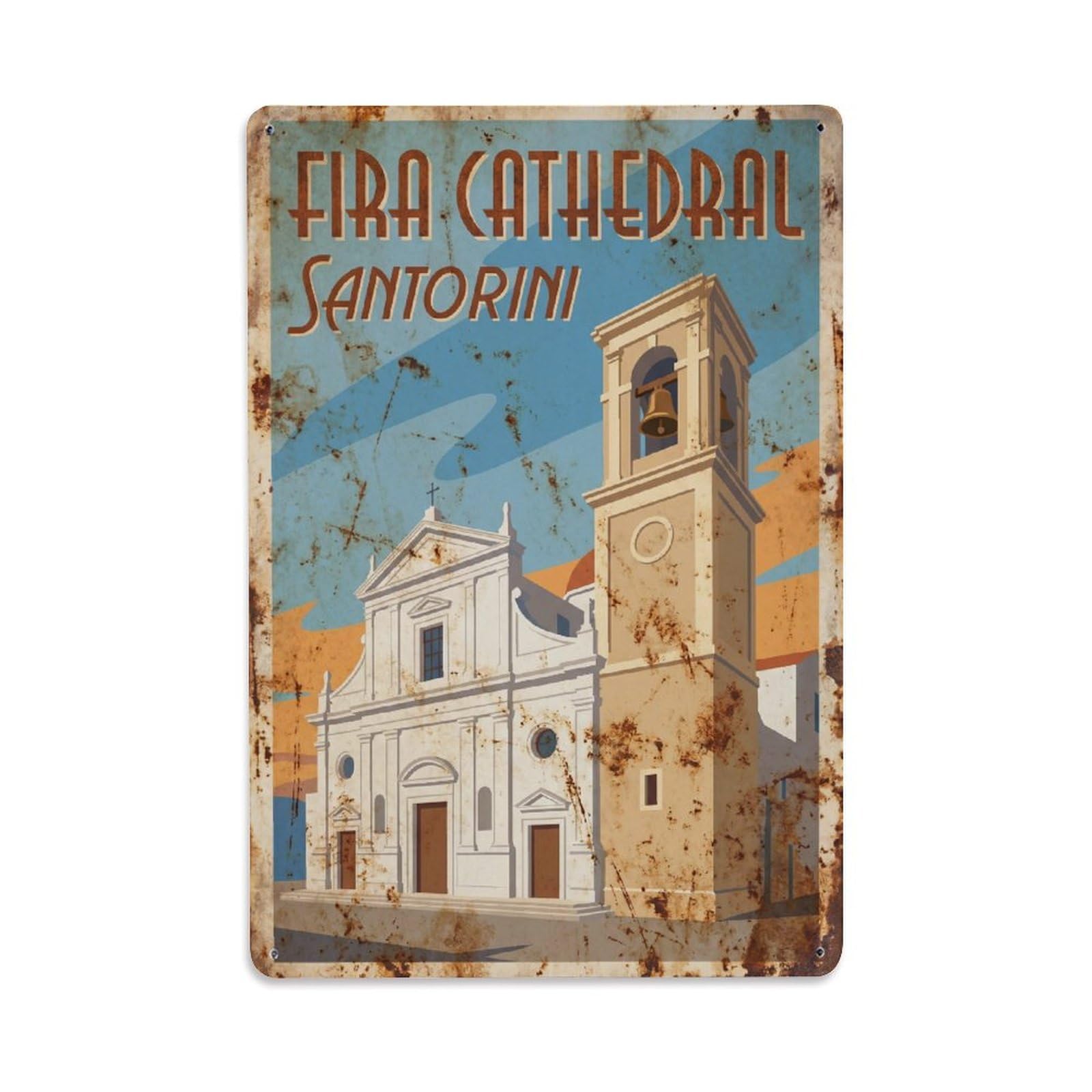 Vintage Travel Fira Santorini Cathedral Metal Tin Sign