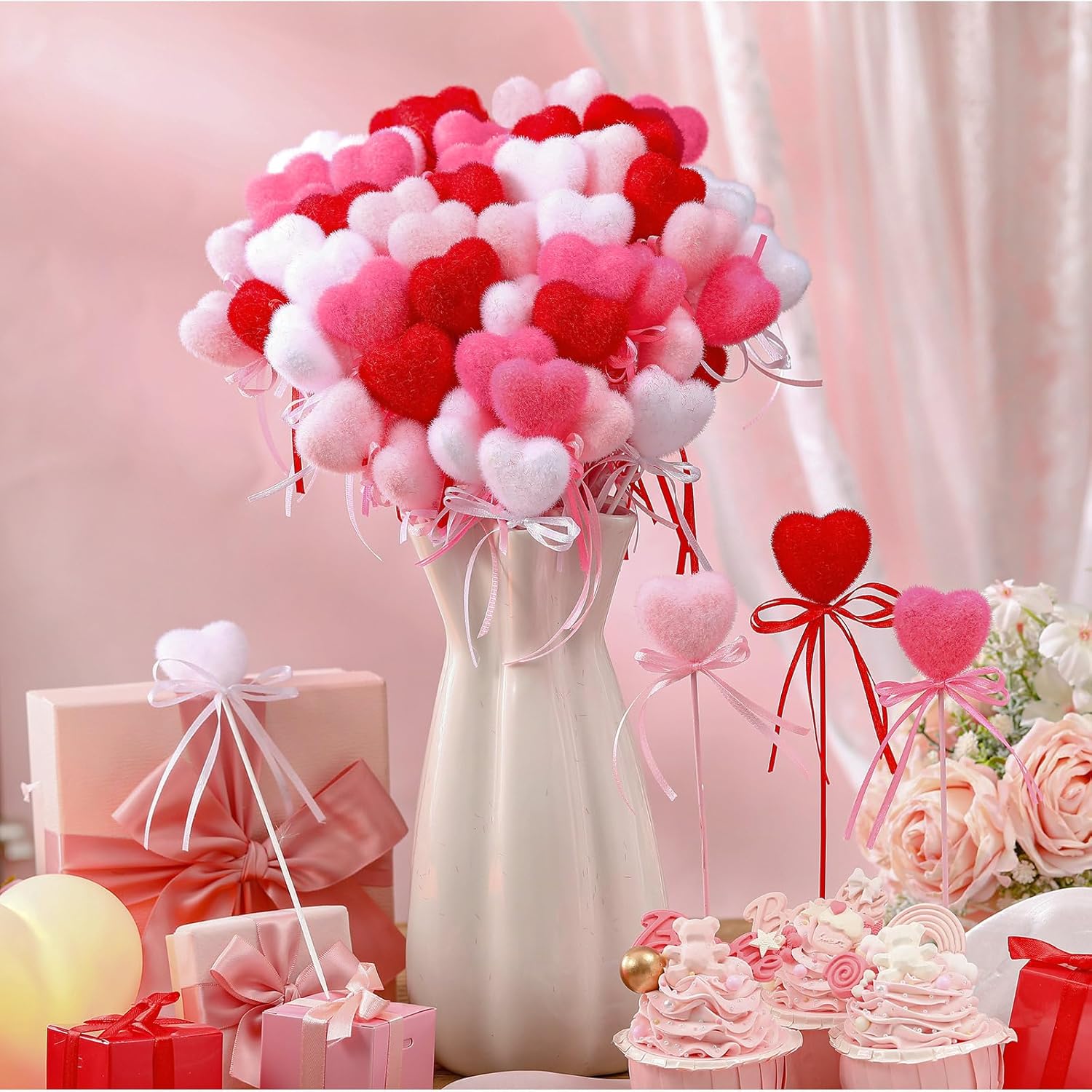 60 Pcs Valentine's Day Heart Picks Red Pink Foam Picks Valentine Heart Puffy Sticks for Tree Flower Arrangements Bouquet Wedding Table Centerpiece Vase Filler Home Decorations
