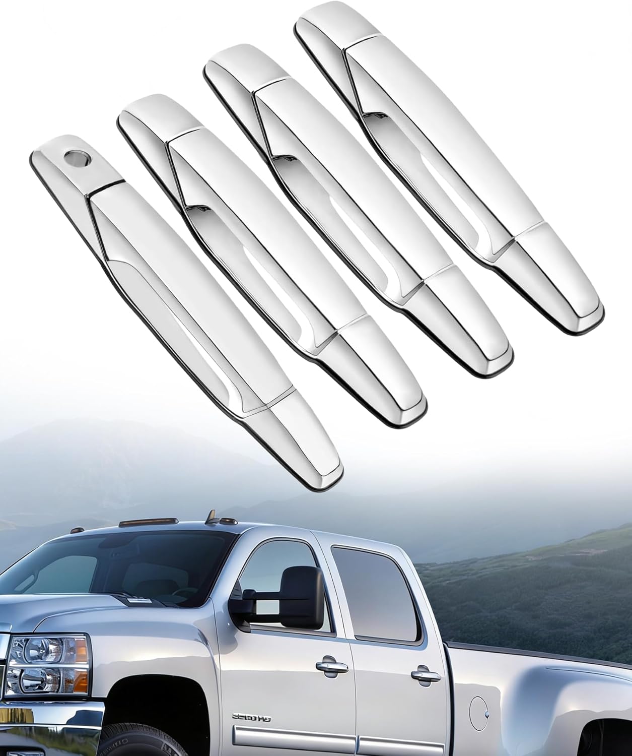 Exterior Chrome Door Handle,4 PCS Front Rear Driver & Passenger Side Compatible with 2007-2013 Silverado Suburban Tahoe Avalanche Sierra Yukon Cadillac Escalade, Replaces# 22738721, 22738722