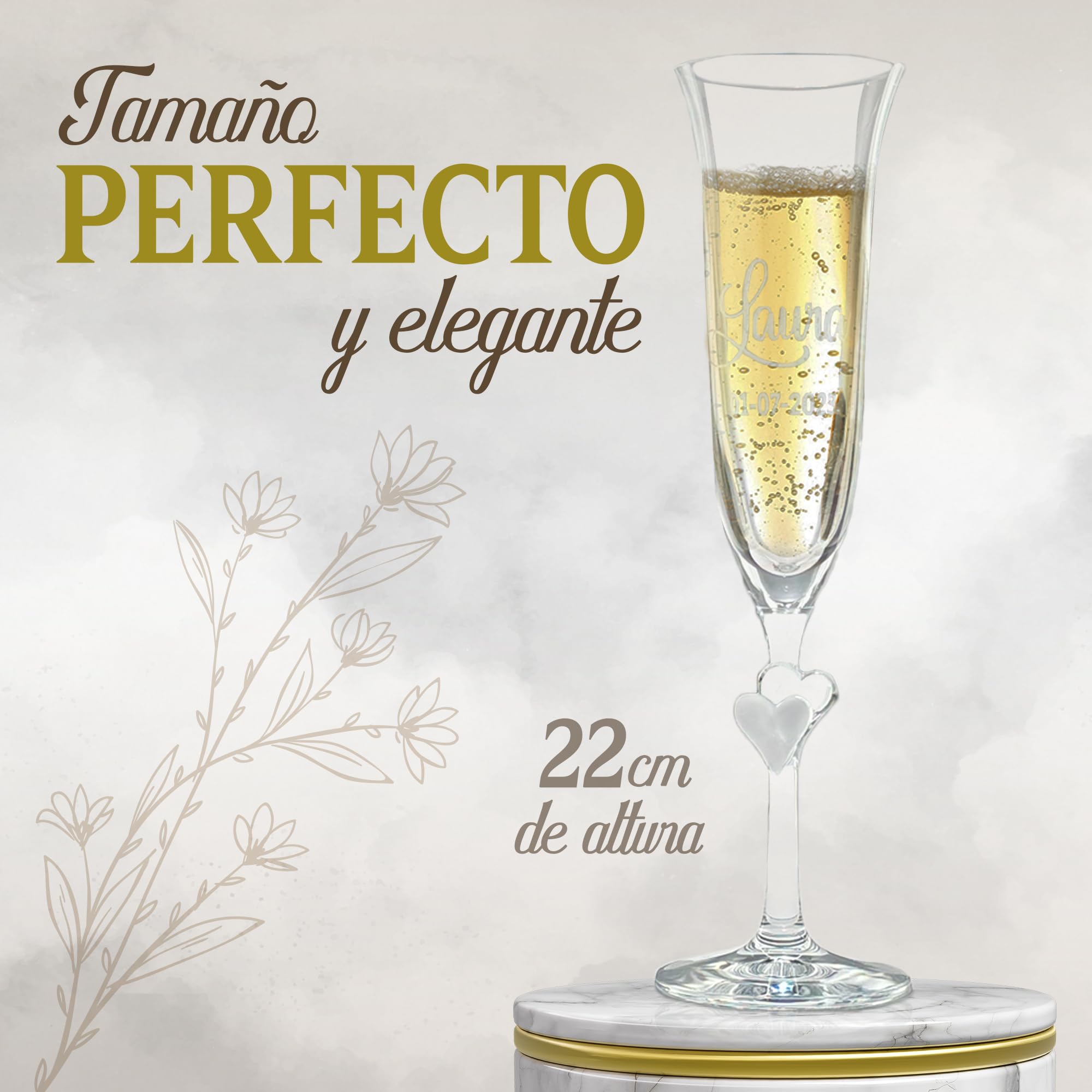 Copas de Boda Personalizadas para Novios con Corazón – Copas de Champán Grabadas con Nombre y Fecha – Copas Brindis Boda – Regalo para Novios con Estuche