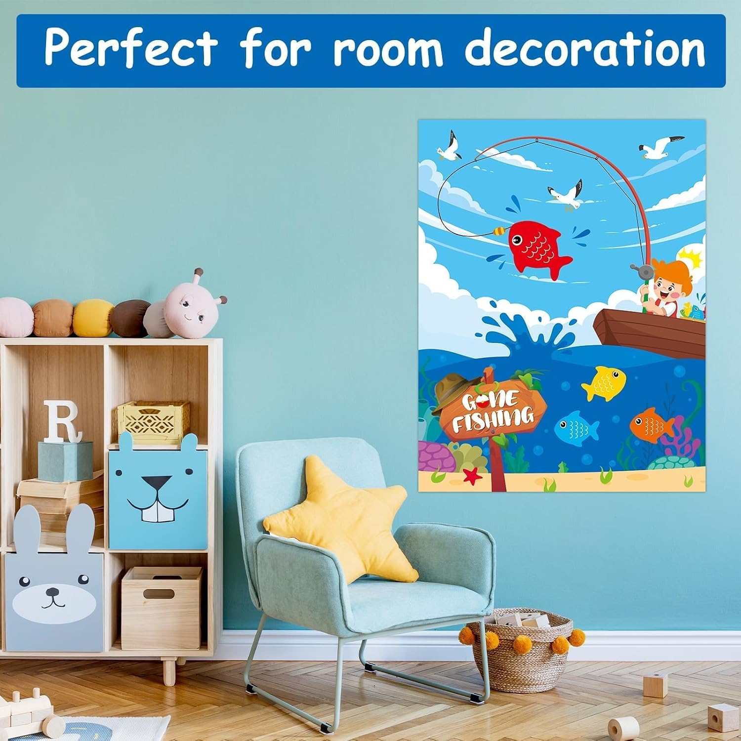 Gone Fishing Birthday Party Game Supplies Pin The Fish on Fishhook Game Large Summer Fishing Poster with 24 PCS Fish Pin the Tail Banner Backdrop for Home Wall Kids Fisherman Gifts Favors Decorations
