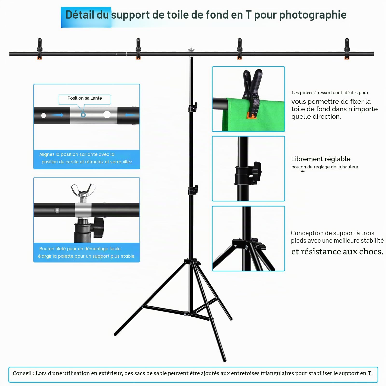 PULUZ Fond Vert avec Support 2x2 m, Kit de Fond Portable pour Photographie avec Sac de Transport et Pince