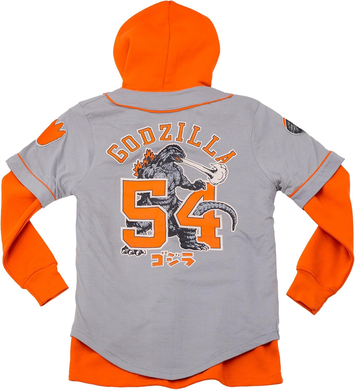 Ripple Junction Godzilla Men's Baseball Jersey Hooded Sweatshirt Twofer King of Monsters Patch Hoodie Officially Licensed