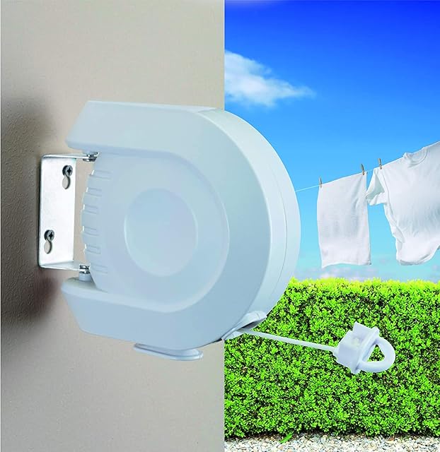 Aspire Decor Retractable Washing Line Outdoor - Clothes Lines Wall Mounted Heavy Duty Extendable Outside Clothing Pull Out 15m (15 Meter Single Line), White