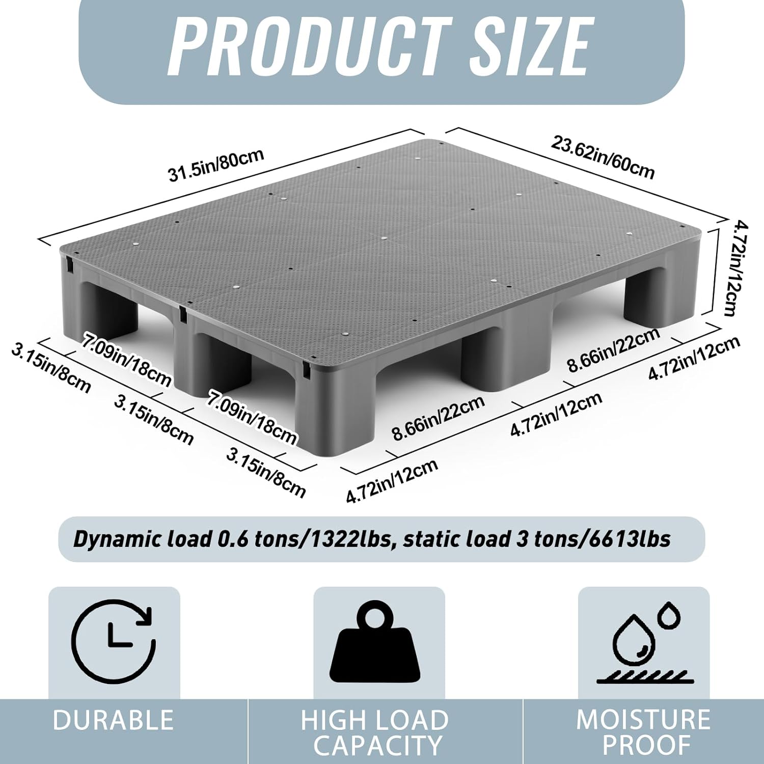 2 Pcs Plastic Pallet for Basement Storage Easy Stack Lightweight Floor Pallet Display Flooring Room Supermarket Christmas, Support up to 2000 Lbs (31.5'' L X 24'' W X 4.7'' H,Grey)