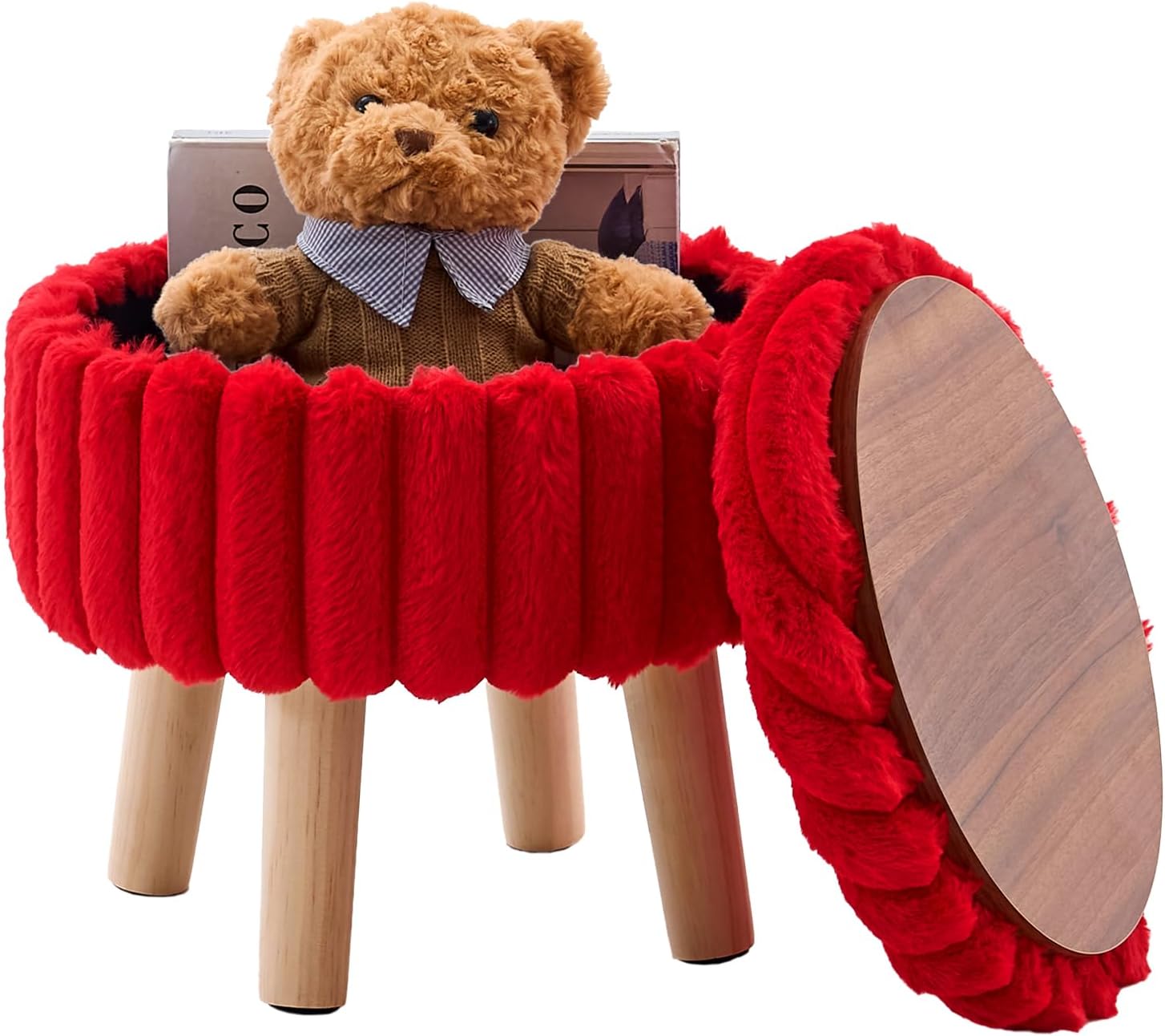 Wimarsbon Storage Ottoman,Soft Faux Fur Footstool with Padded Seat, Small Reading Vanity Chair, Footrest with Wood Tray for Couch, Mini Coffee Table or Display Stand (Red, Round Storage)