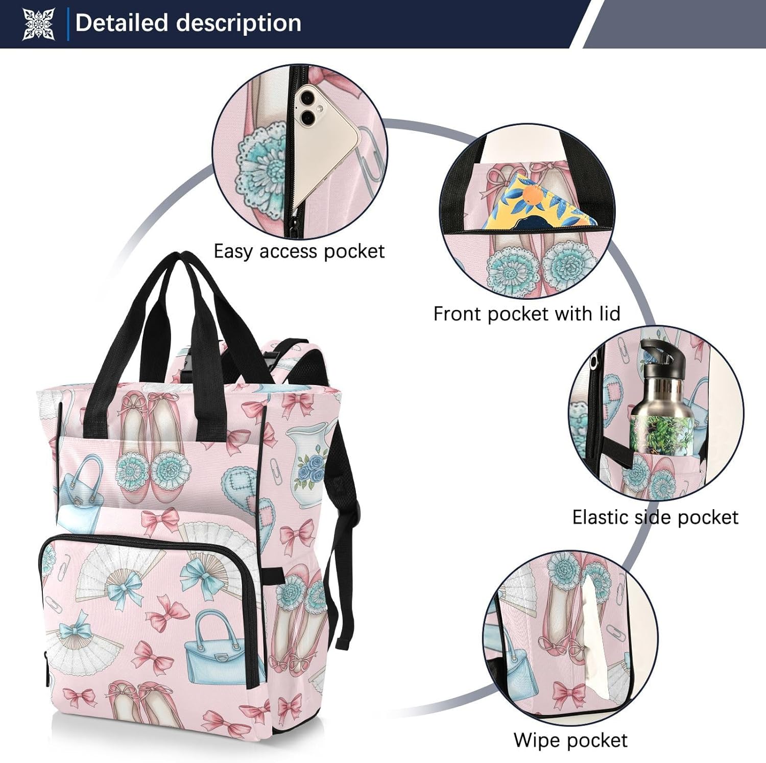 Women Shoes Bow Pink Print Diaper Bag Backpack for Baby Boys Girls Multifunction Baby Essentials Travel Tote with Stroller Straps & Bottle Storage Large Travel Diaper Backpack for Dads Moms Baby