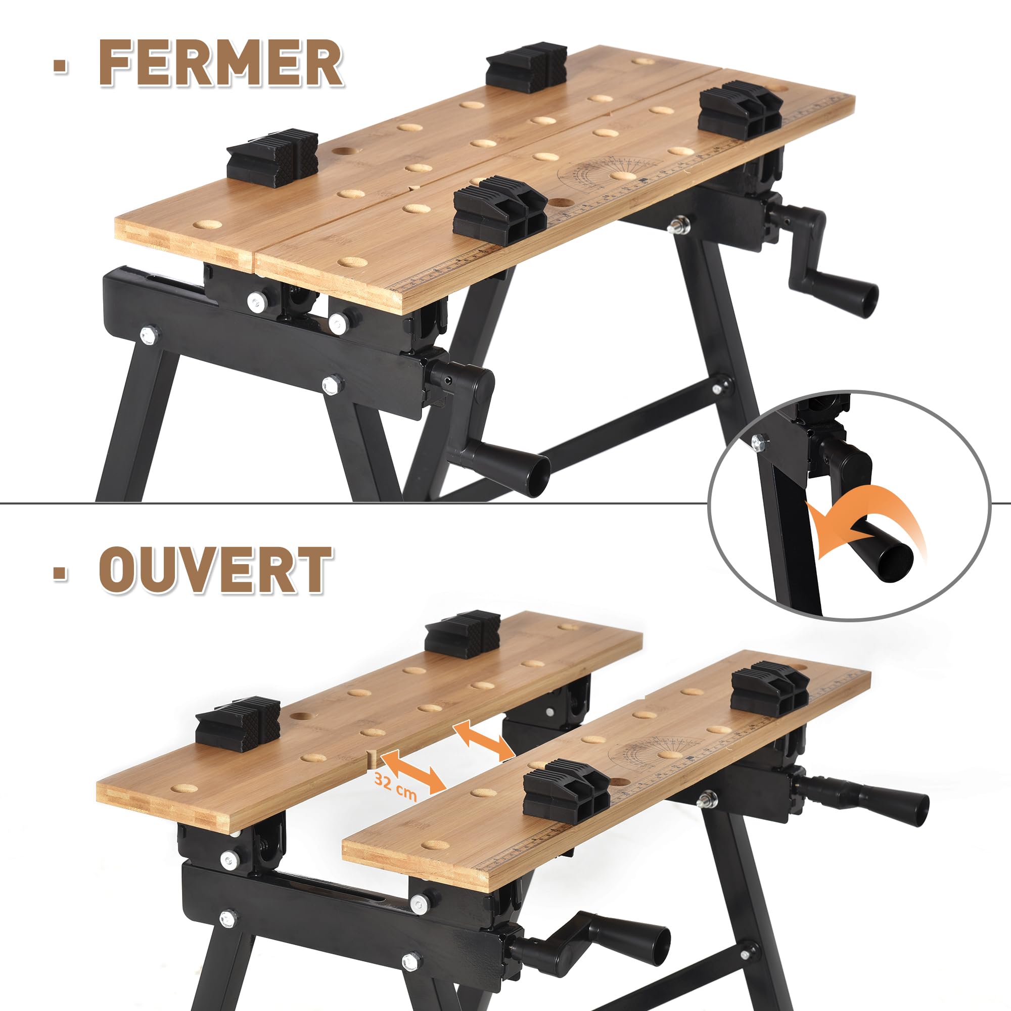 HOMCOM Établi Pliant établi de Serrage avec 4 Serre-Joints Table de Travail chevalet de sciage, Charge 150 kg, Structure en Acier, Plan de Travail pour Chantier Atelier Garage, 63,5x60,5x78cm, Noir