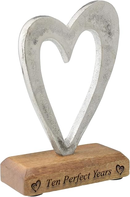 Ten Perfect Years 10th Anniversary Rustic Metal Heart Decoration  Free Standing Aluminium & Wooden Decoration (hssperf-10)
