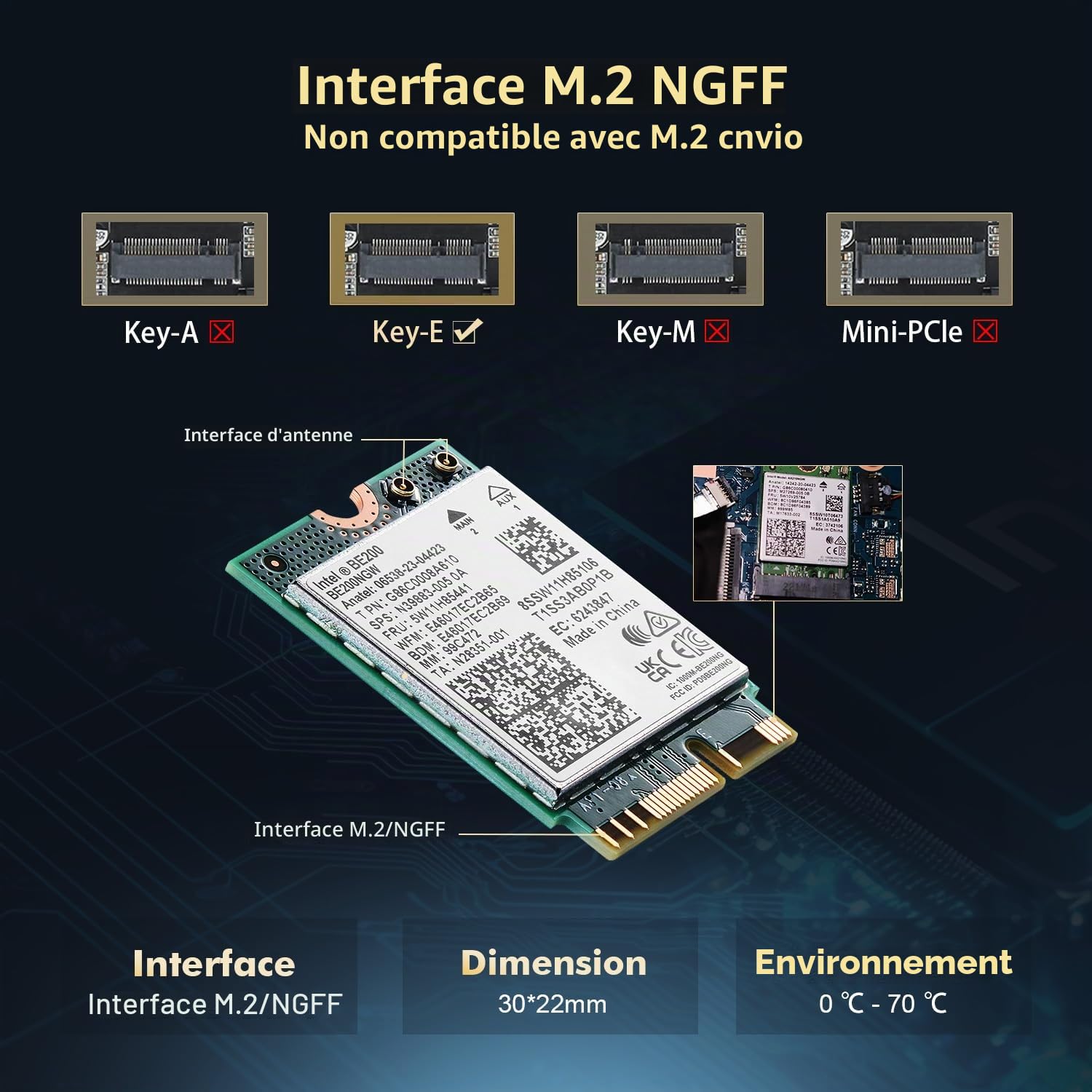 Binardat WiFi7 M.2 BE200 Adaptateur réseau WiFi, Intel BE200NGW Bluetooth 5.4 Chip, 8774Mbps Tri-Bande 2.4GHz/5GHz/6GHz OFDMA & MU-MIMO, pour Ordinateurs Portables Windows 10/11