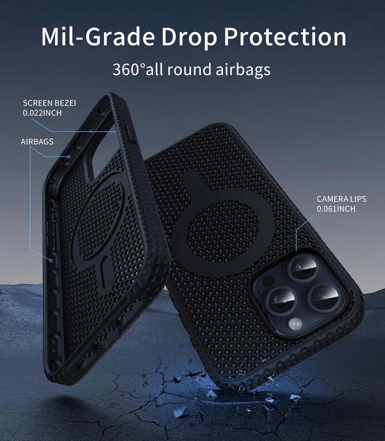 mimicat for iPhone 15 Pro Case: Magnetic Heat Dissipation Black Shockproof and Anti Drop Charging Cooling Case 3D Mesh Design - Protective for Men