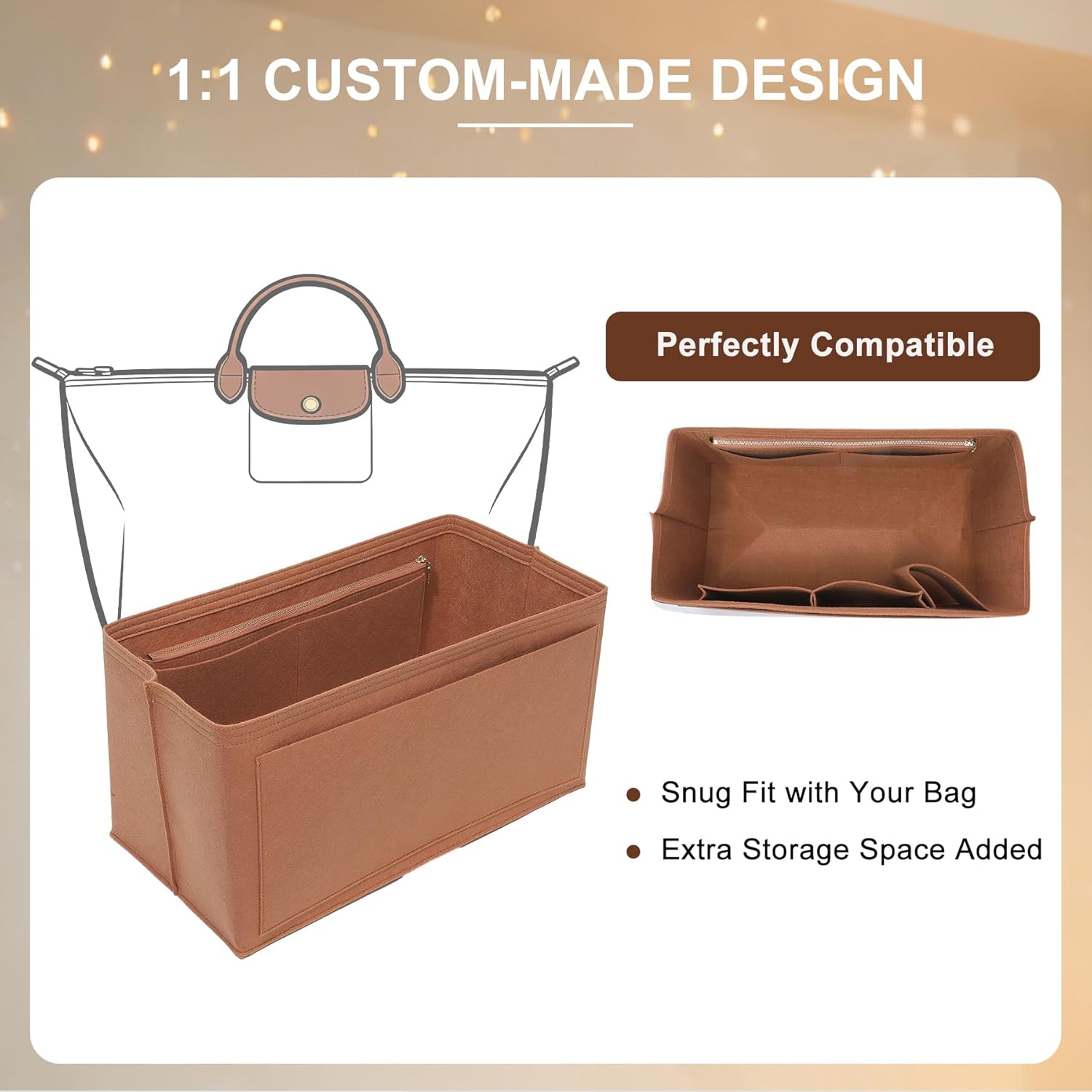 Felt Purse Organizer Insert for Long Champ Travel L,Longchamp-Le Pliage Large Travel Tote Bag Organizer Insert with Zipper Pocket and Cup Holder,9 Compartments,Gold-brown
