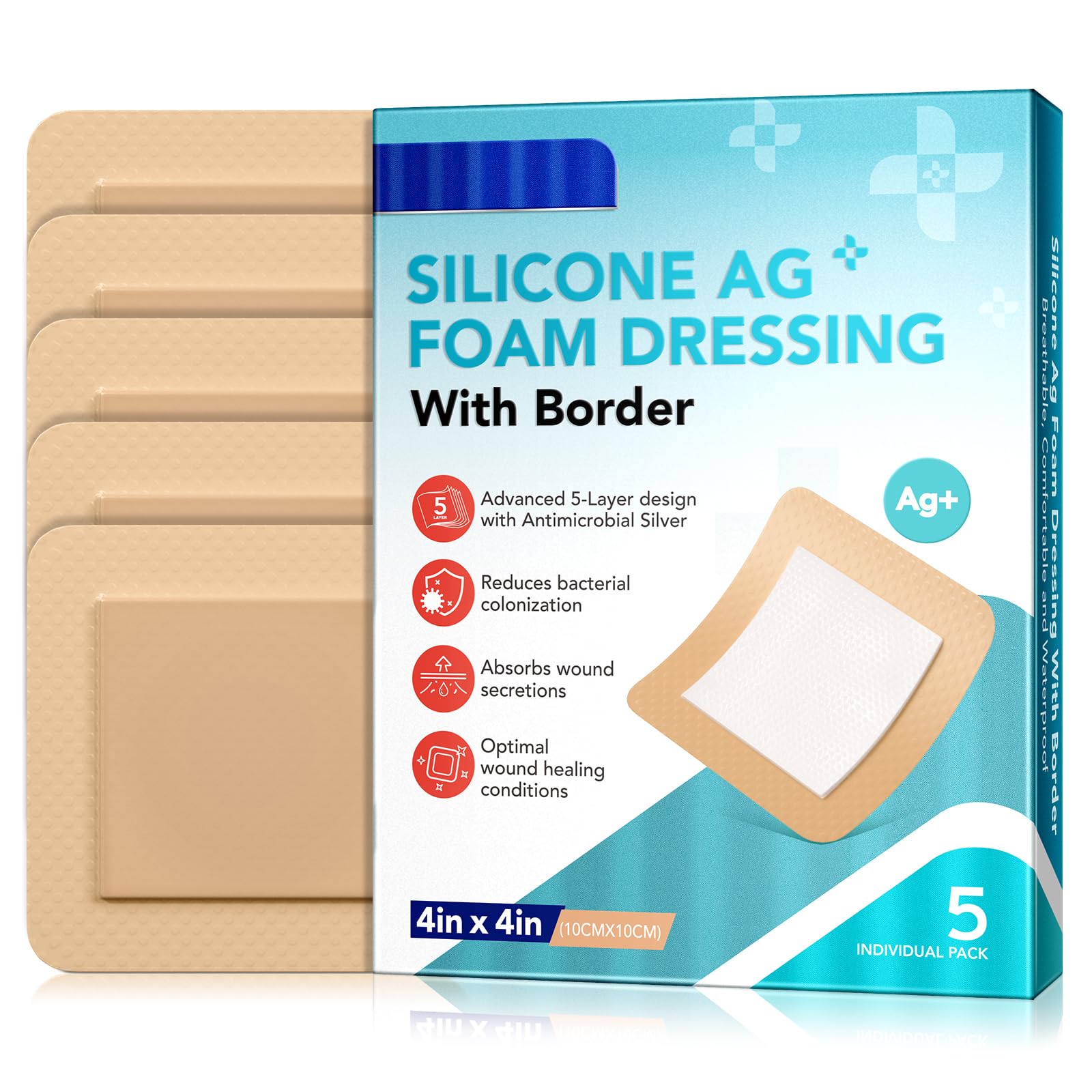 Silikon Border Silver Foam Dressing (4"x4") - Opakowanie 5 | Chłonne, wodoodporne i przyjazne dla skóry do cięcia