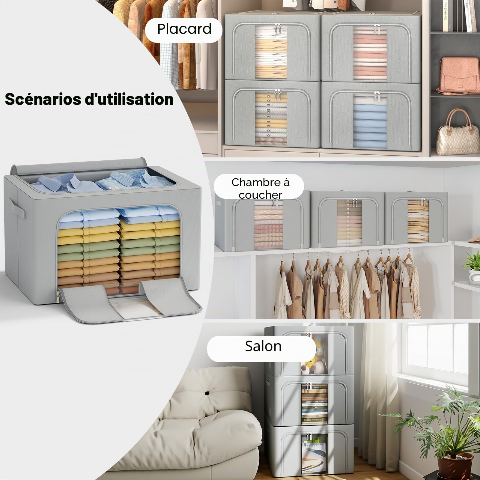 GoMaihe 3 pièces Sac de Rangement Vetement 198L: Boîte de Rangement Pliable - Housse Rangement Couette Organisateur de Placard, Sac Rangement Vetement avec Cadre Métallique - Empilables (Gris,66L)