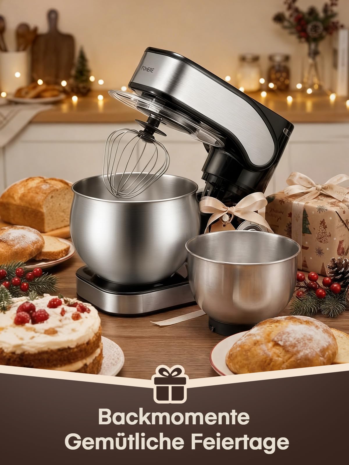 Küchenmaschine mit 5L + 3L Edelstahlschüsseln Dual-Schalen, Knetmaschine Mit Aufgewerteter Knethaken, 1300W Leistungsstarke Teigmaschine, 6+P Geschwindigkeiten, Knethaken, Rührbesen und Schneebesen