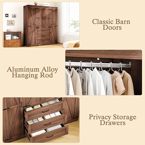 Miniatura 6 de Armario de 4 puertas con 3 cajones y cajones, armario de dormitorio de granja con barra para colgar y estantes ajustables, armario de almacenamiento