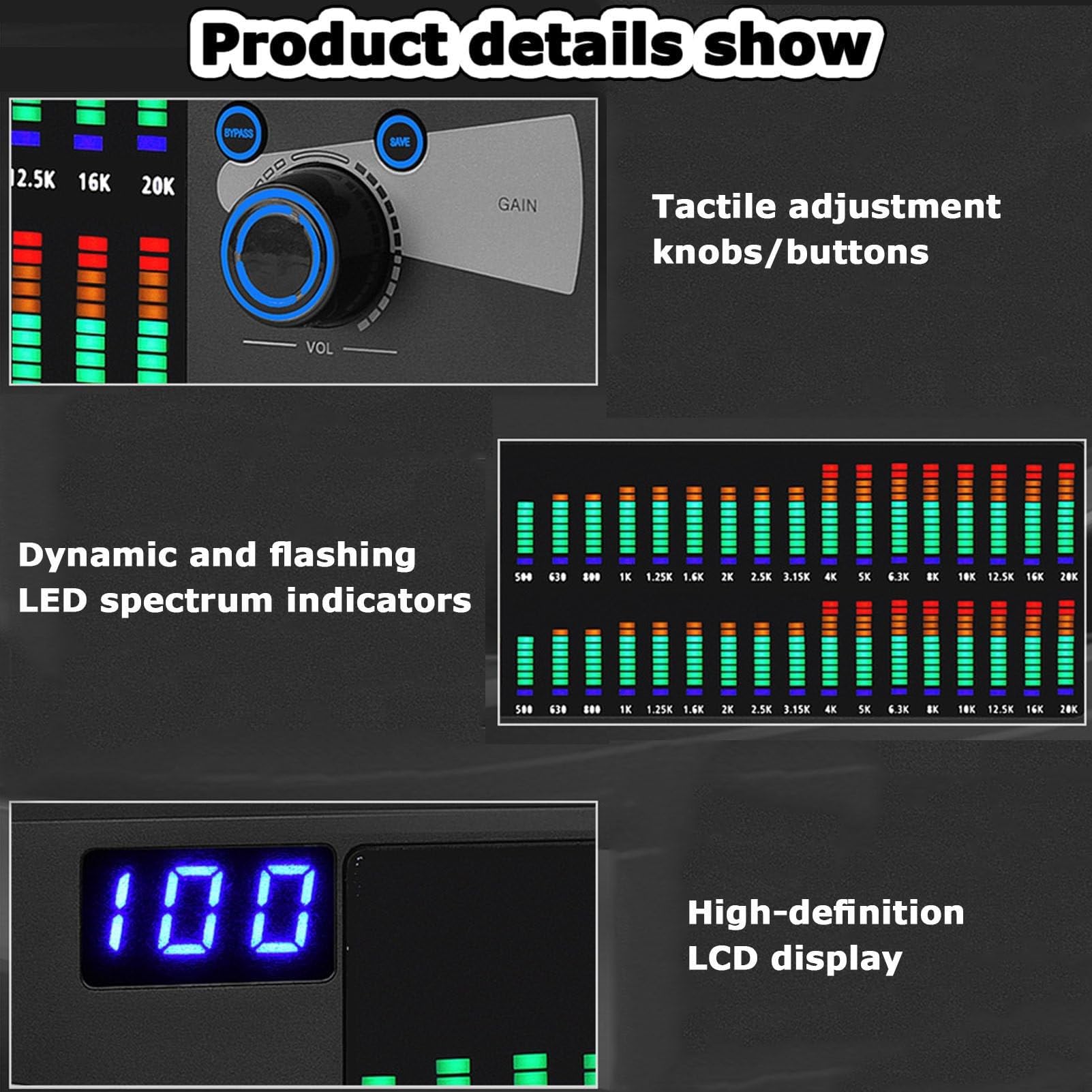 Ecualizador Digital de Doble Canal de 31 Bandas, Ecualizador gráfico estéreo, Pantalla de Espectro LED, 10 Efectos preestablecidos, reducción automática de Ruido, para el hogar/actuación de DJ/Club