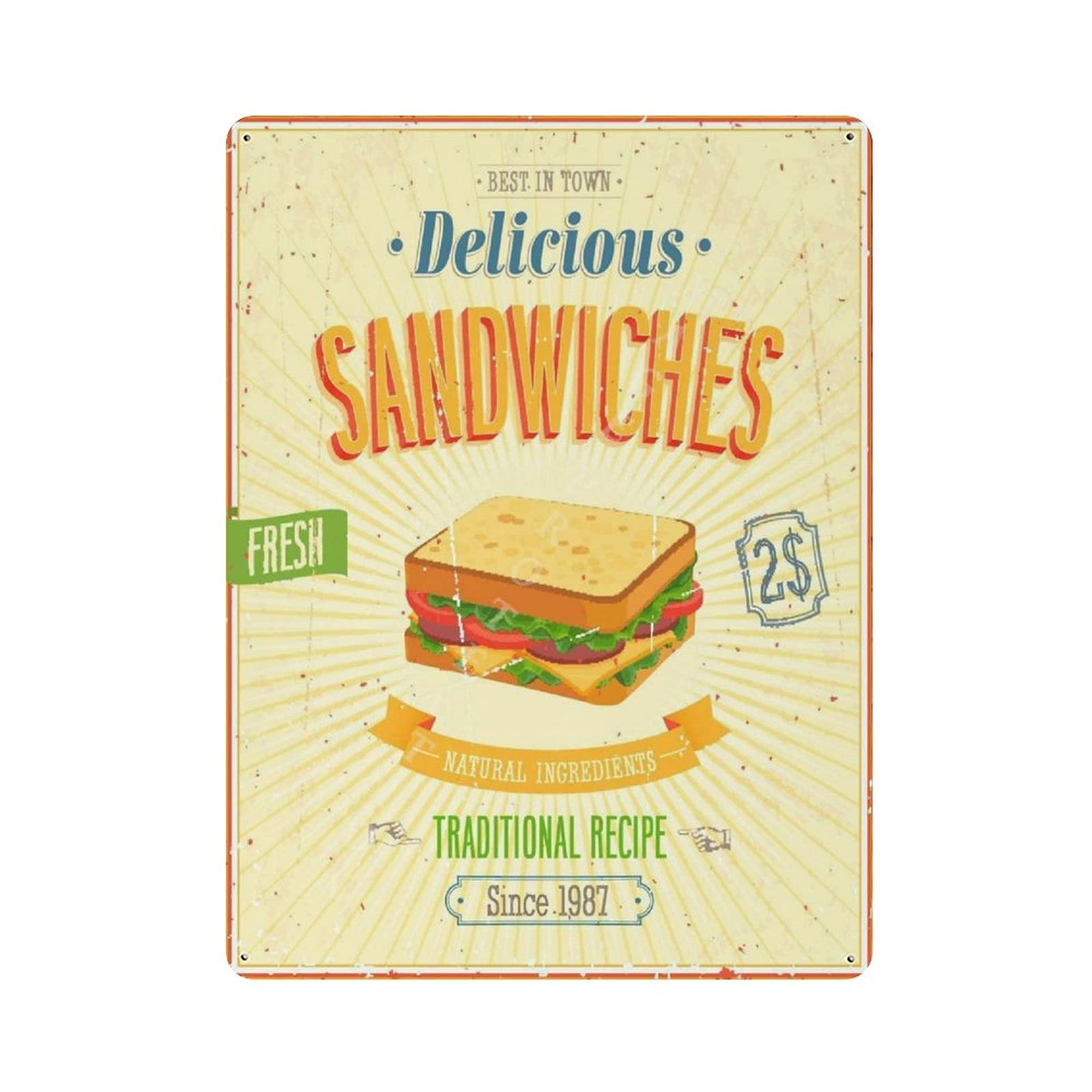 Metal Tin Sign Delicious Sandwiches Vintage Tin Poster Metal Sign Wall Decoration Country Kitchen Home Garage Decor 16"x12"