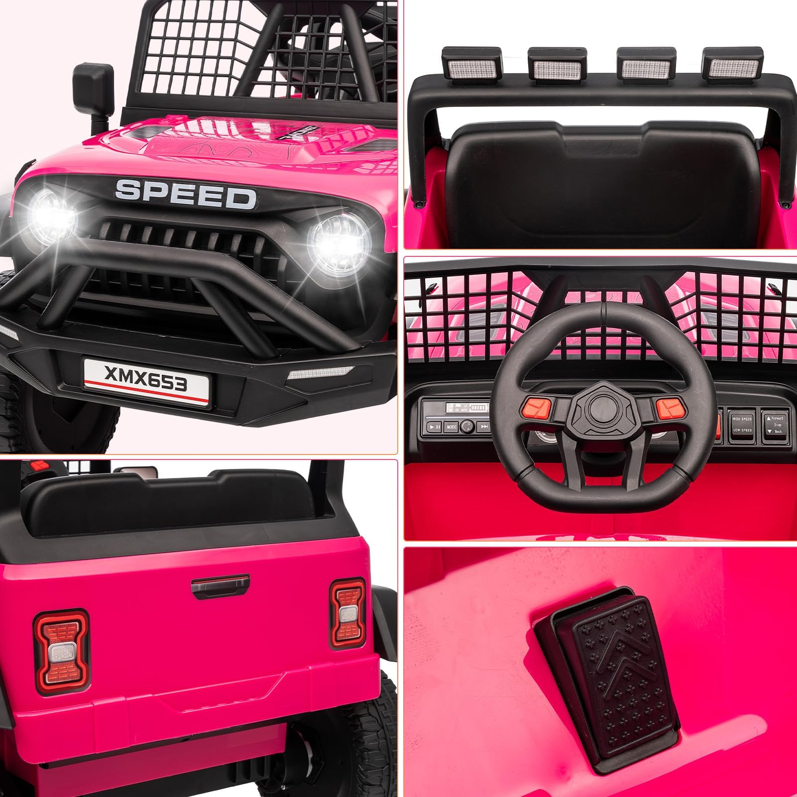 Garvee Auto Elettrica per Bambini 12V tipo Fuoristrada Off-Road, 1 Posto, Doppio Motore, 2 Modalità di Guida, Telecomando 2,4 GHz, Luci LED, Musica/USB, Cintura e Sospensioni - Rosso Rosa