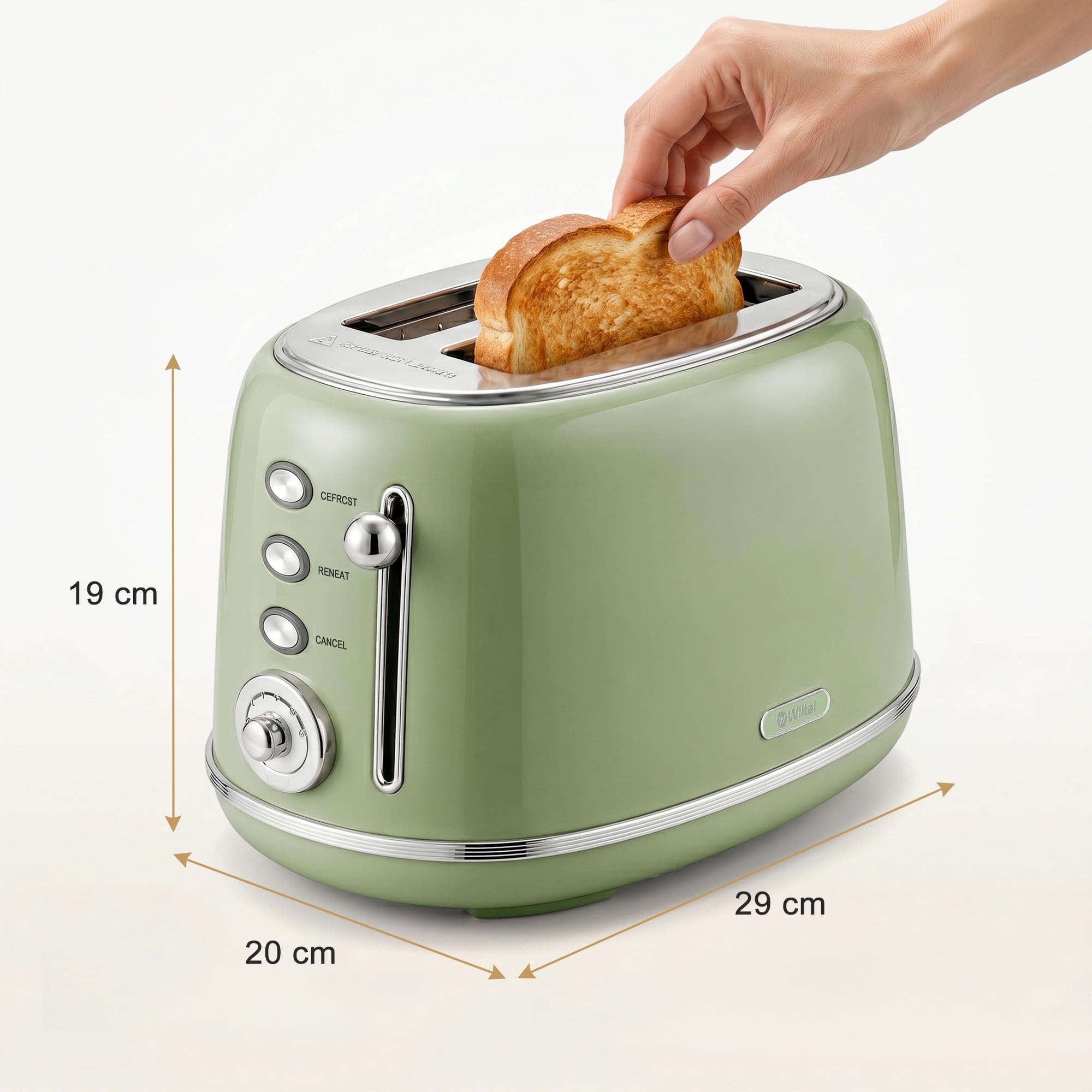 Wiltal Retro Toaster 2 Scheiben Edelstahl, Grün, TS-R008 | Brötchenaufsatz, 6 Röststufen, Vorheiz- und Auftaufunktion, Abschaltautomatik, Perfekt für Sandwiches & Toast