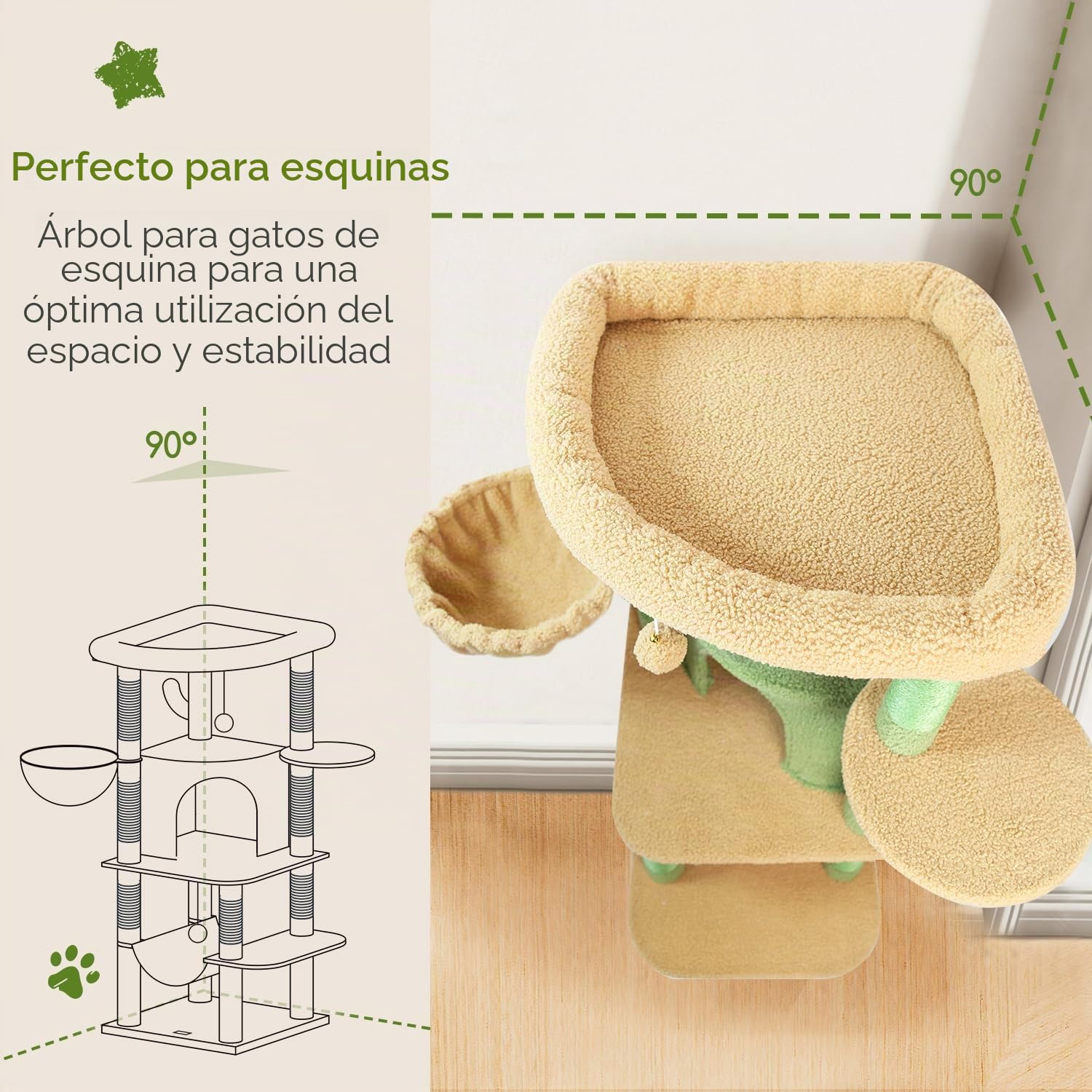 Globlazer Árbol Rascador Esquina Cactus Verde, Rascador para Gatos Rincón Alto 130 cm con Grandes Plataformas, Curvado Nidos, Hamaca, Cesta, Torre Gato Estable para 2-4 Gatos Adultos (C51, Verde)