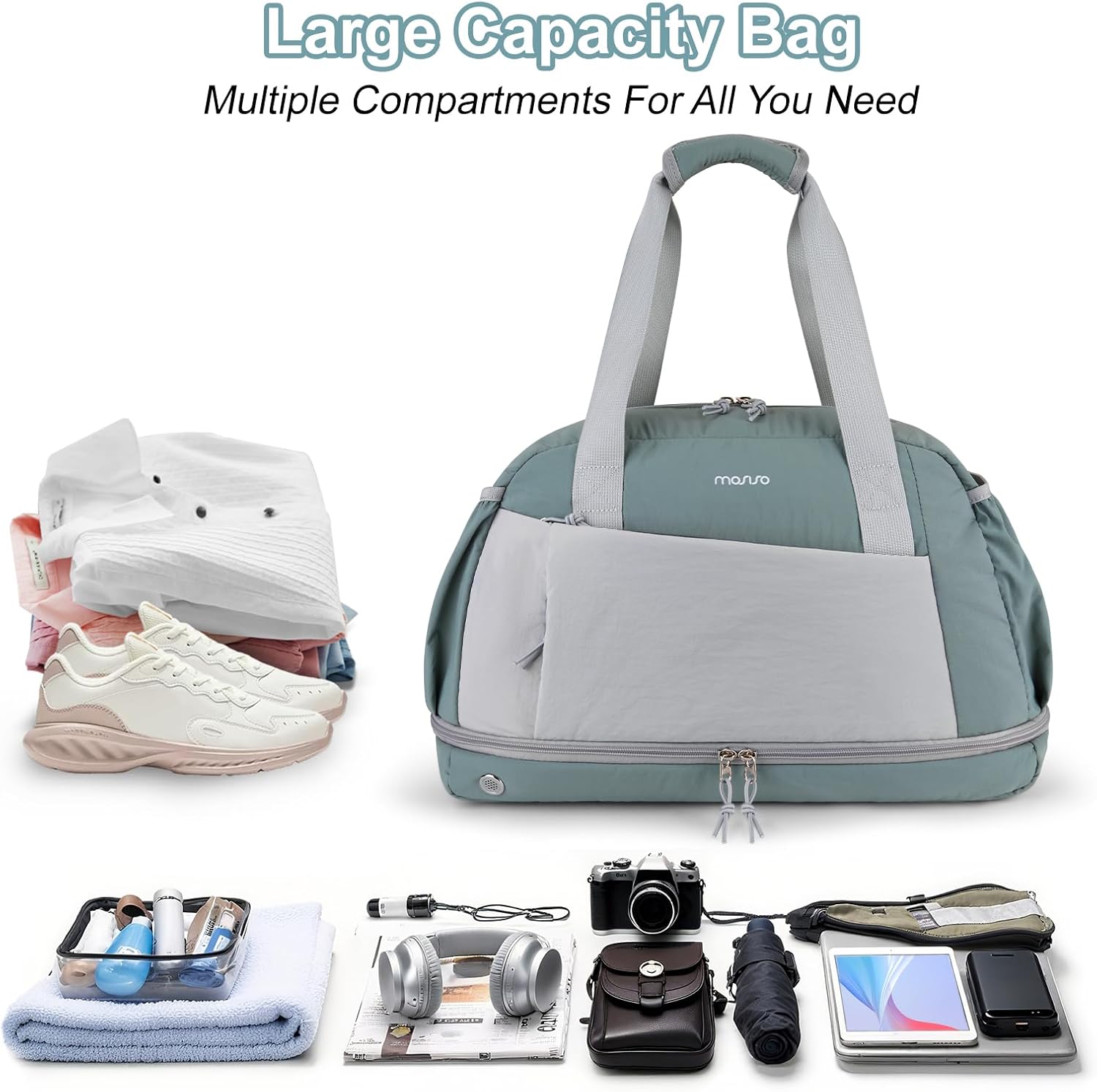 MOSISO Small Gym Bag for Women, Travel Duffle Carry On Weekender Bag with Shoe Compartment&Front Pocket for Travel, Sports, Fitness, Yoga, Green