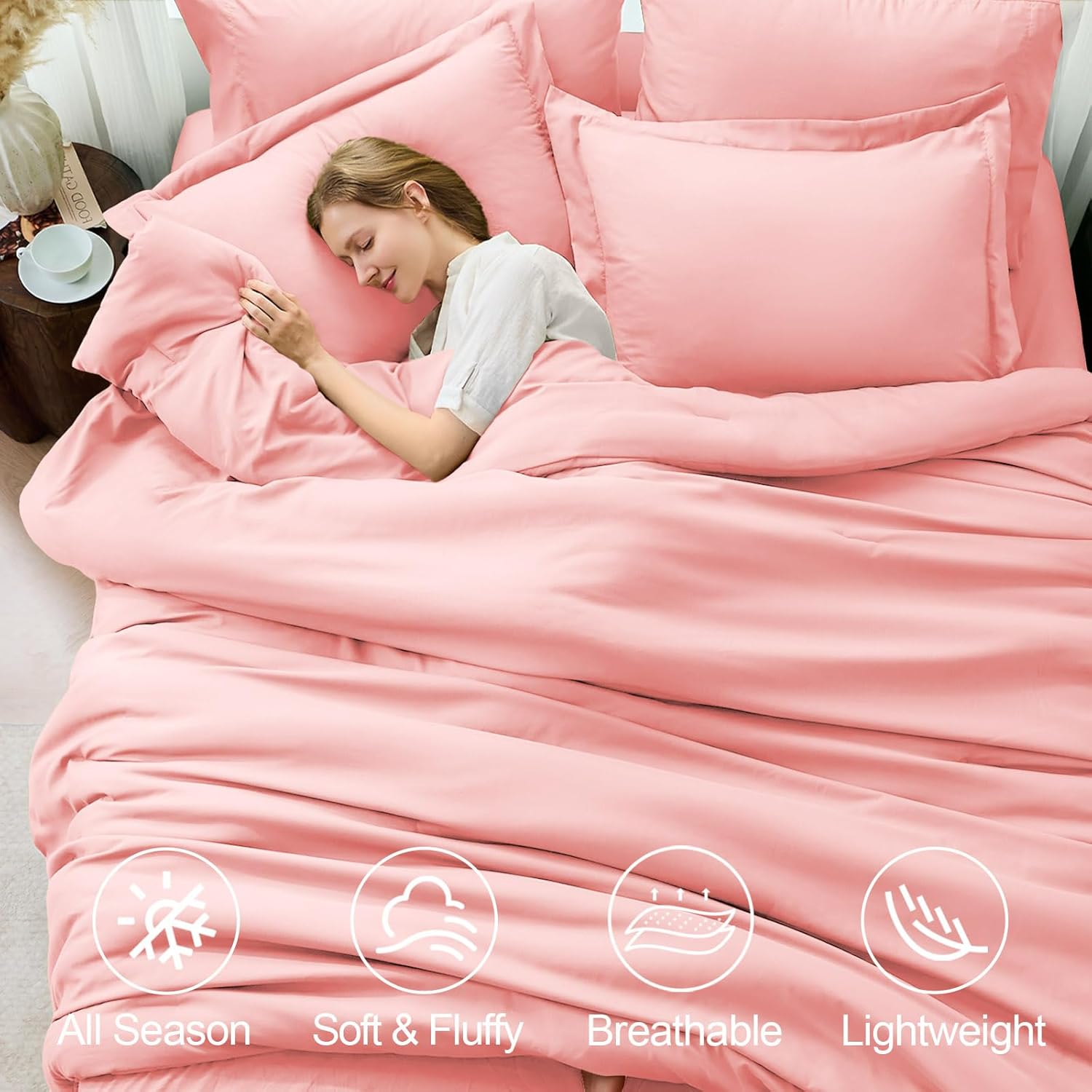 FUANNA Queen Comforter Set Pink, 7 Pieces Soft Bedding Sets Queen Size, All Season Lightweight Bed in a Bag with Comforter, Flat Sheet, Fitted Sheet, Pillowcases & Shams - Image 2