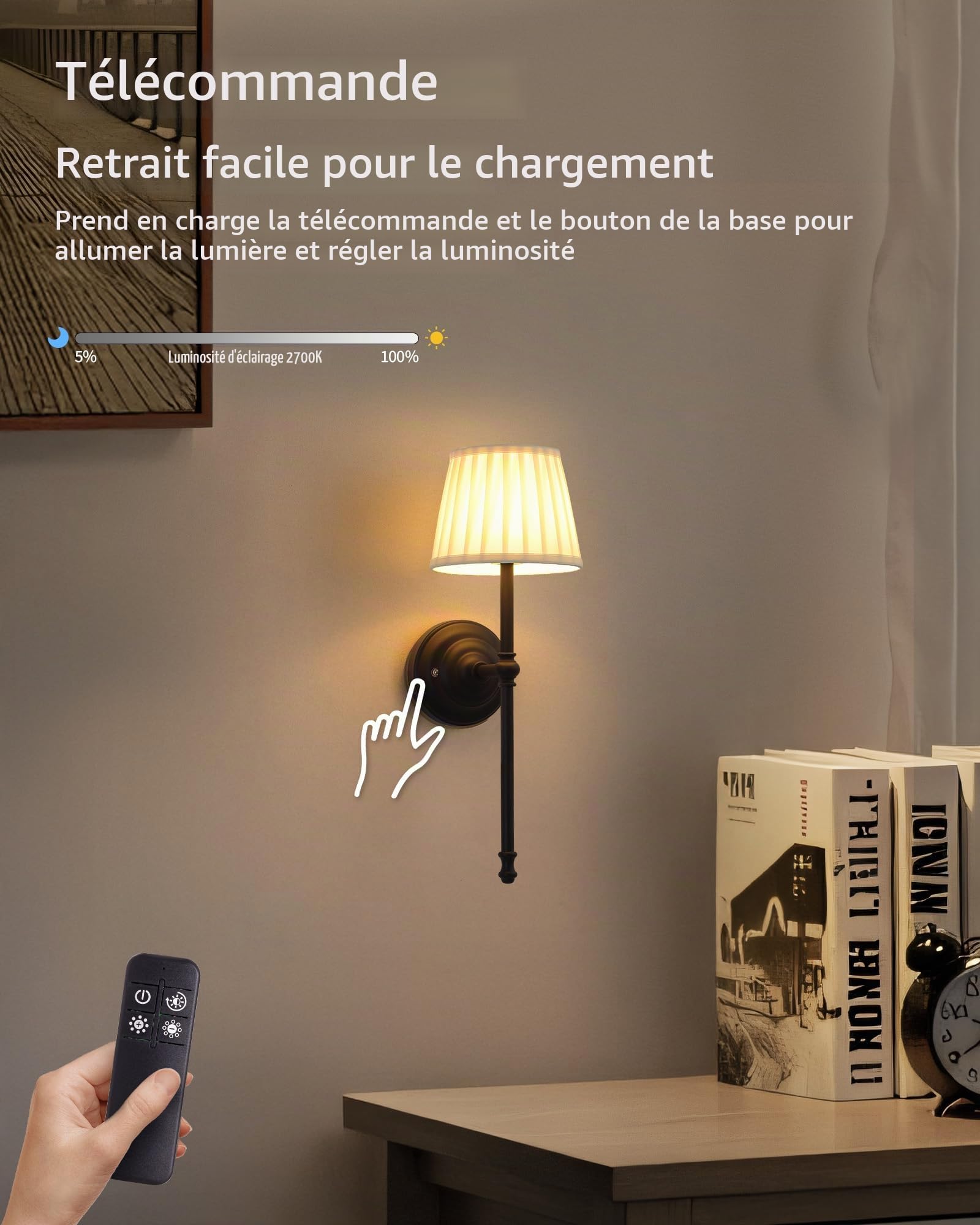 appliques murales rechargeable, lot de 2,LED en tissu avec batterie, éclairage à intensité variable avec 5200 mAh et télécommande sans fil pour salon, chambre, couloir(Schwarz)