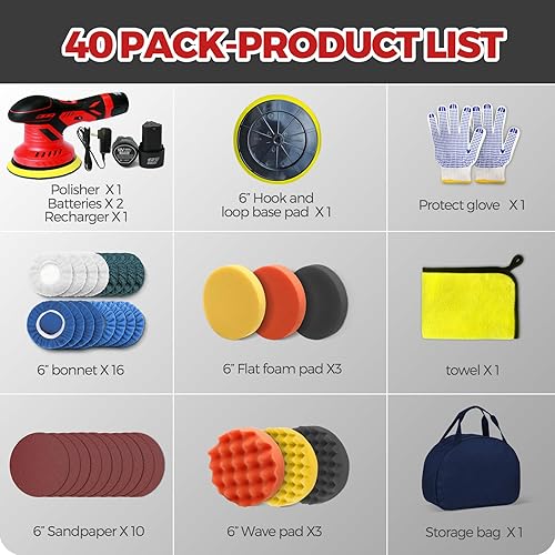 Miniatura 7 de Paquete de 40 pulidores de búfer inalámbricos, herramientas eléctricas de pulidora de doble acciónDA, 2 baterías de 2000 mAh, 6 velocidades