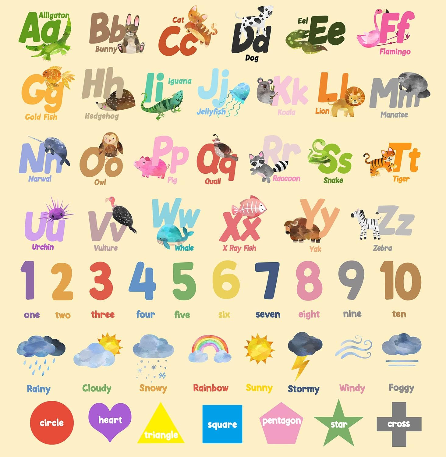 6 Sheets Alphabet Number Wall Decals Colorful Animal ABC Wall Stickers Decals