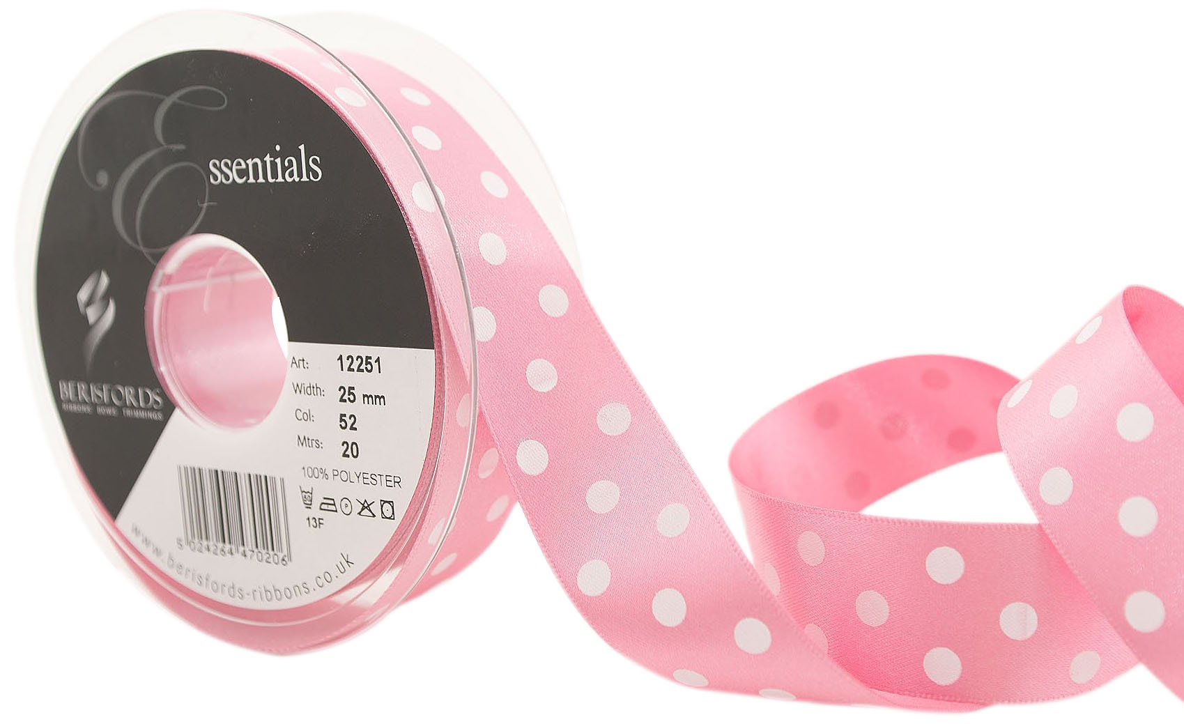 Berisfords 12251 20 m x 25 mm Classic Bold Polka Dot Ribbon, Hot Pink
